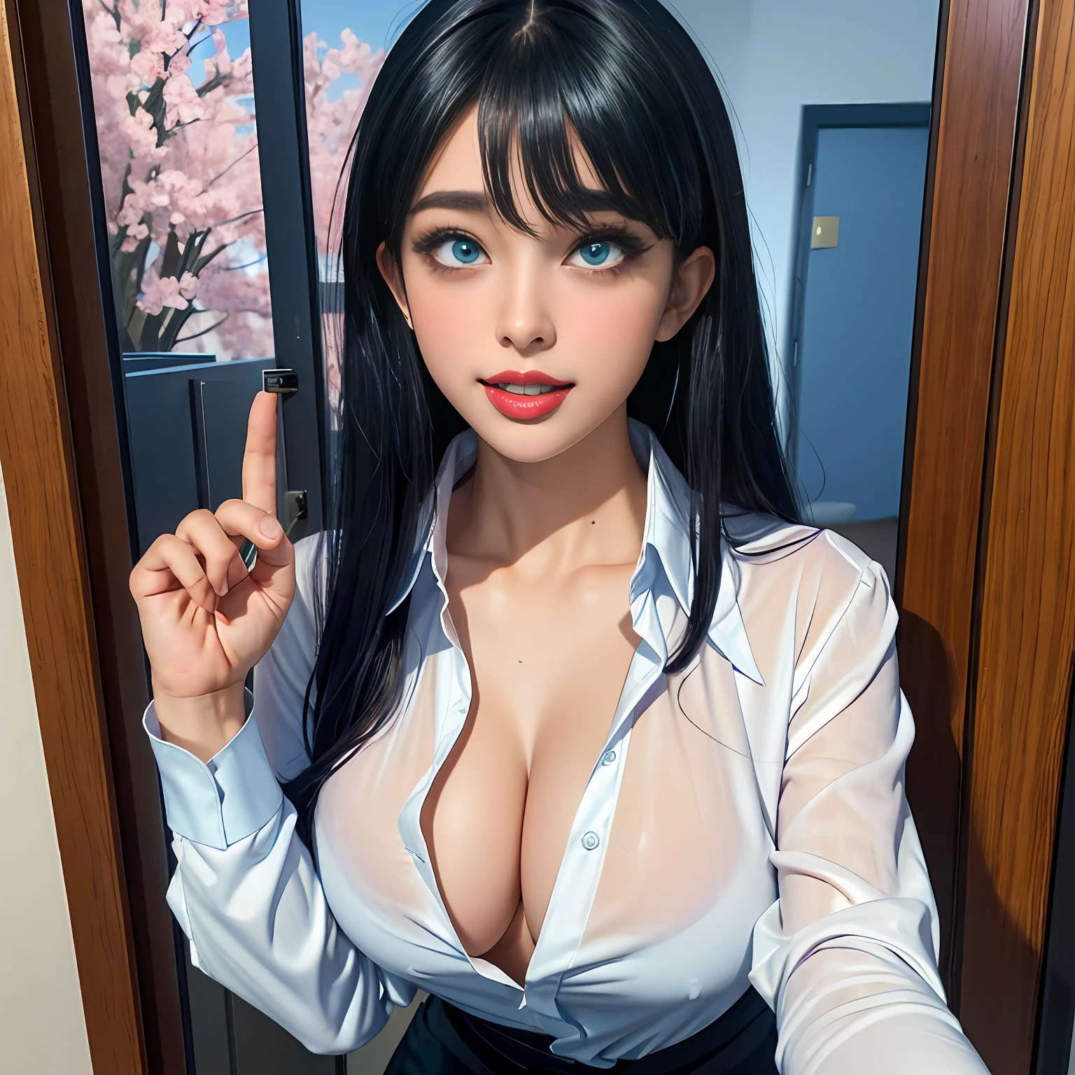 masterpiece, best quality, ultra-detailed, illustration, epic lighting, cinematic composition, isometric, (1girl:1.5), (solo:1.5), cute, blue eyes, green eyes, detailed iris, black hair, swept bangs, white uncollared shirt, open shirt, showing breasts, black necktie, black pants, formal, enchanting gaze, captivating pose, indoors, office, door, opening door, looking at viewer, full figure, blush, seductive smile, closed mouth,(8k:1.1), (ahegao:1.5), downblouse
