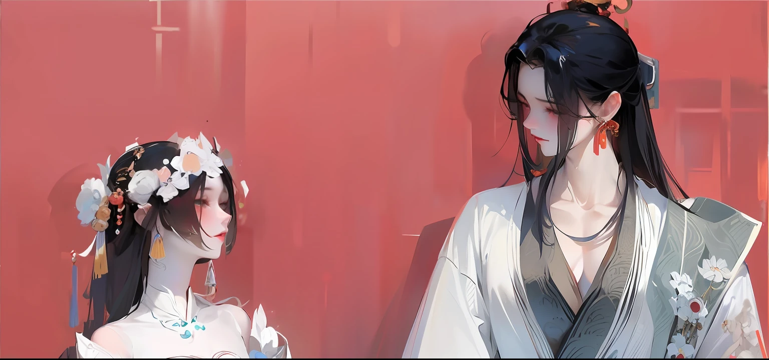 Two mannequins dressed in traditional Chinese clothing and jewelry, xianxia fantasy, Wearing ancient Chinese clothes, yiqiang and shurakrgt, full-body wuxia, White Hanfu, Hanfu, Wuxia, Beautiful rendering of the Tang Dynasty, inspired by Li Mei-shu, Palace ， A girl in Hanfu, Xianxia