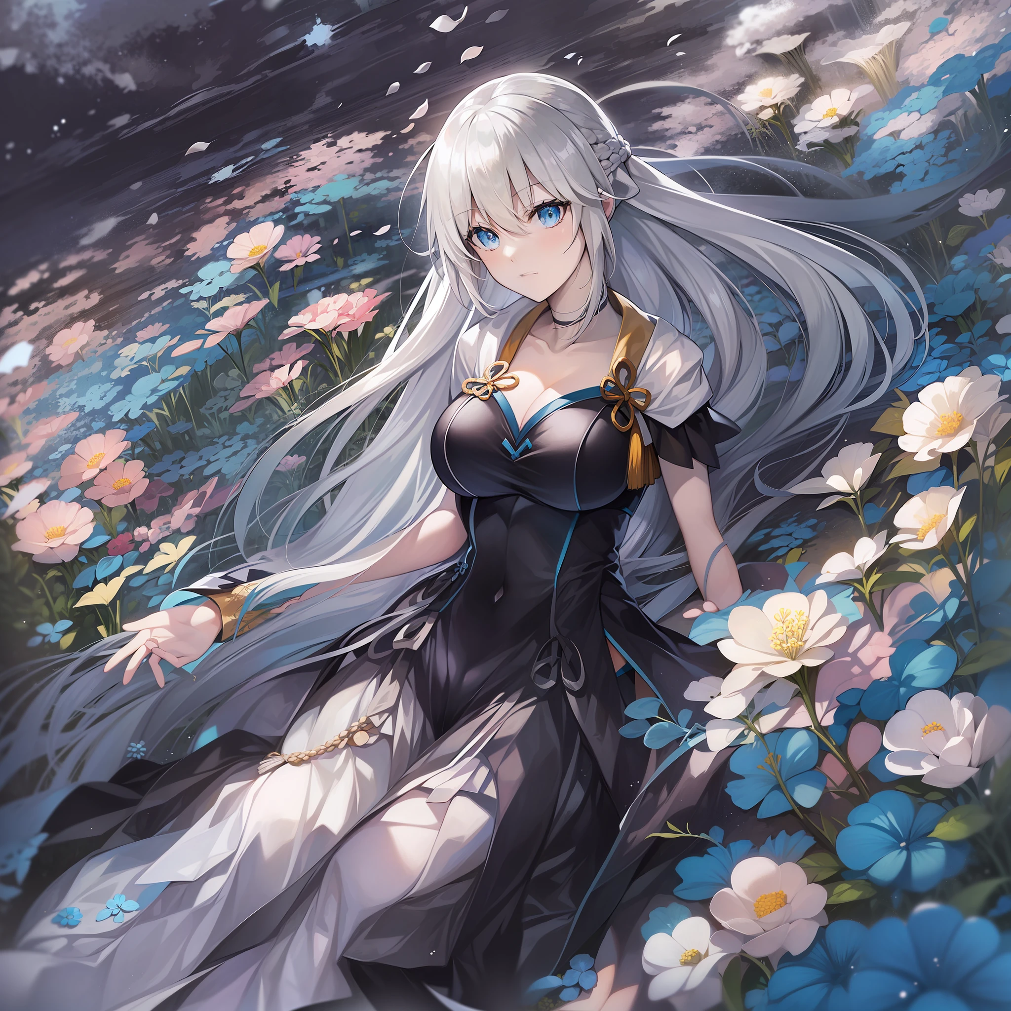 Flowers all over the ground，a black skirt，1girll,Blue eyes, White hair, French hair，pony tails，side locks, Very long hair, side locks, Floating hair, god light,anime big breast, Realism, color difference, shadowing, 巨作, 巨作, anatomy correct, high detal, High quality