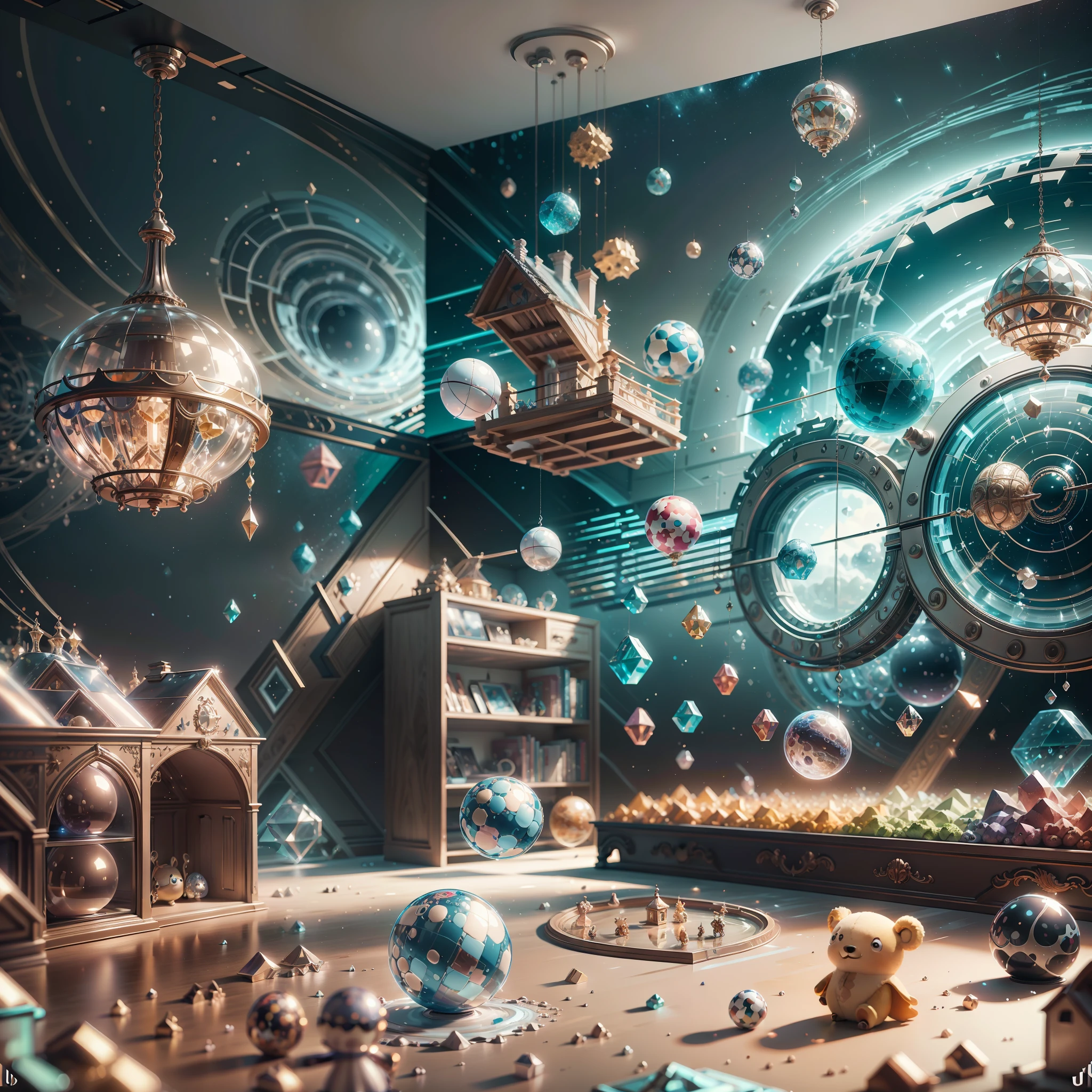 A very detailed and very high quality ren's room with a wall that overlooks a parallel universe, filled with bright colors and animated toys. Uhd, 8k, octane render, scene approaching perfection, hyperdétaillée