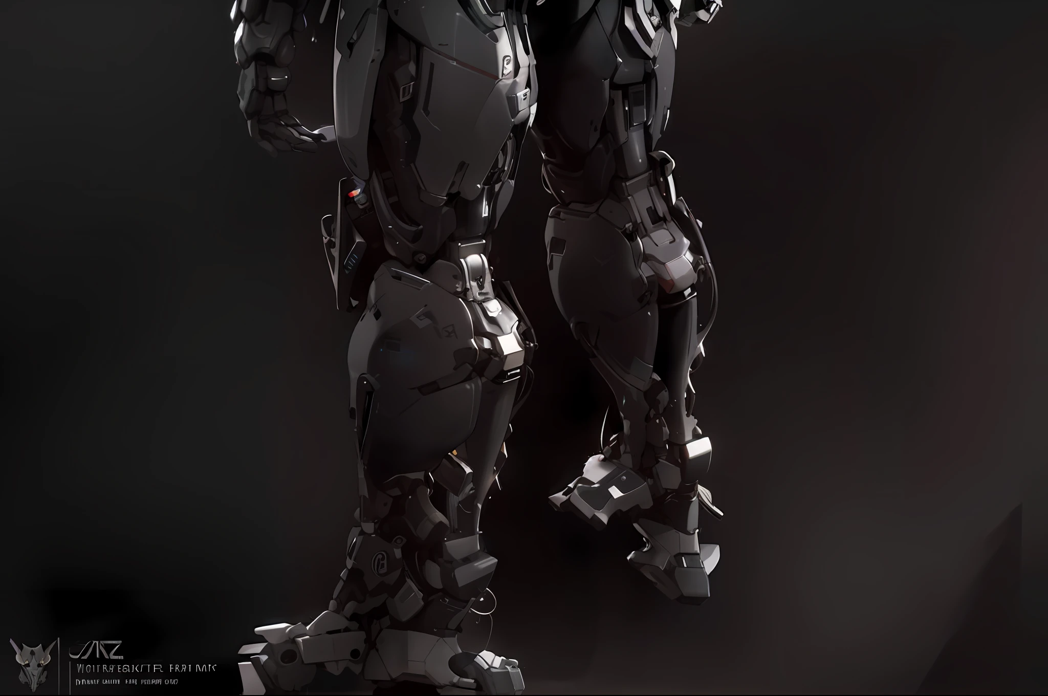 Close up of robot standing on pedestal on black background, thick warframe legs, thick smooth warframe legs, black octane render, full body mecha suit, hard surface character pinterest, insanely detailed octane render, Mech suit, mech body, Mecha suit, hardsurface armour, Houdini - hard surface, thick smooth warframe thighs