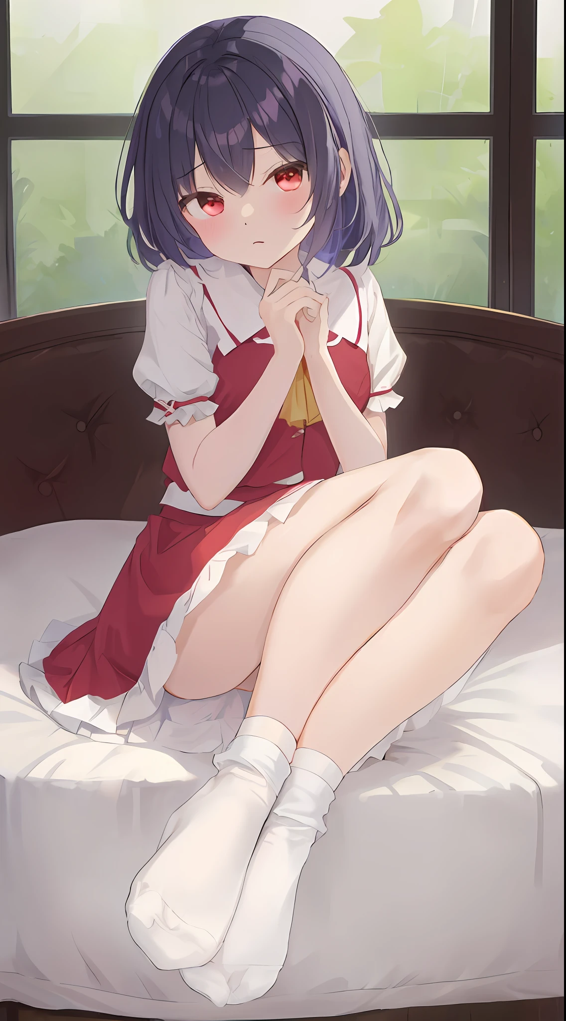 Ribbons,The shirt,short- sleeved,side pony tail,simplebackground,Sit Pose,a skirt,skirt set,sockes,solo person,vests,white backgrounid,white headgear,White leg ornaments,White color blouse,Wings,Yellow mascot,cute girly,Wear white socks on her feet,He wears a pair of white socks on his feet,The socks have lace