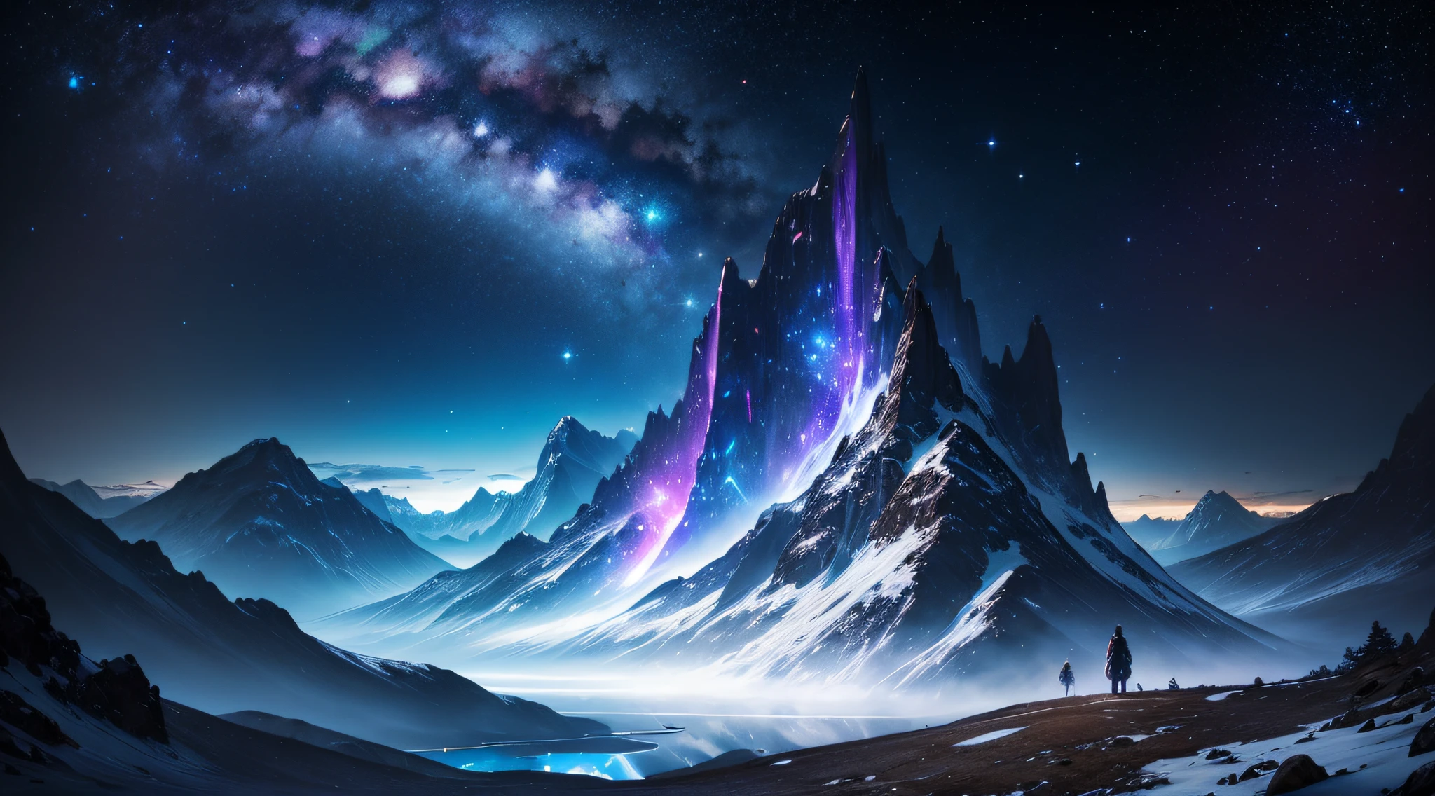 Galaxy, voyage, space, fantasy, montain, lake, man, night star. --auto