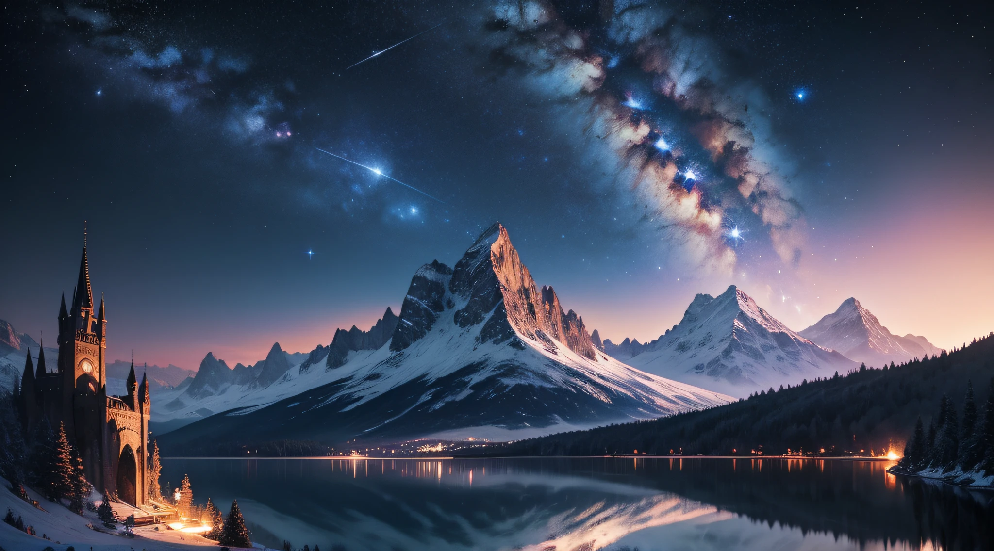 Galaxy, voyage, space, fantasy, montain, lake, man, night star. --auto