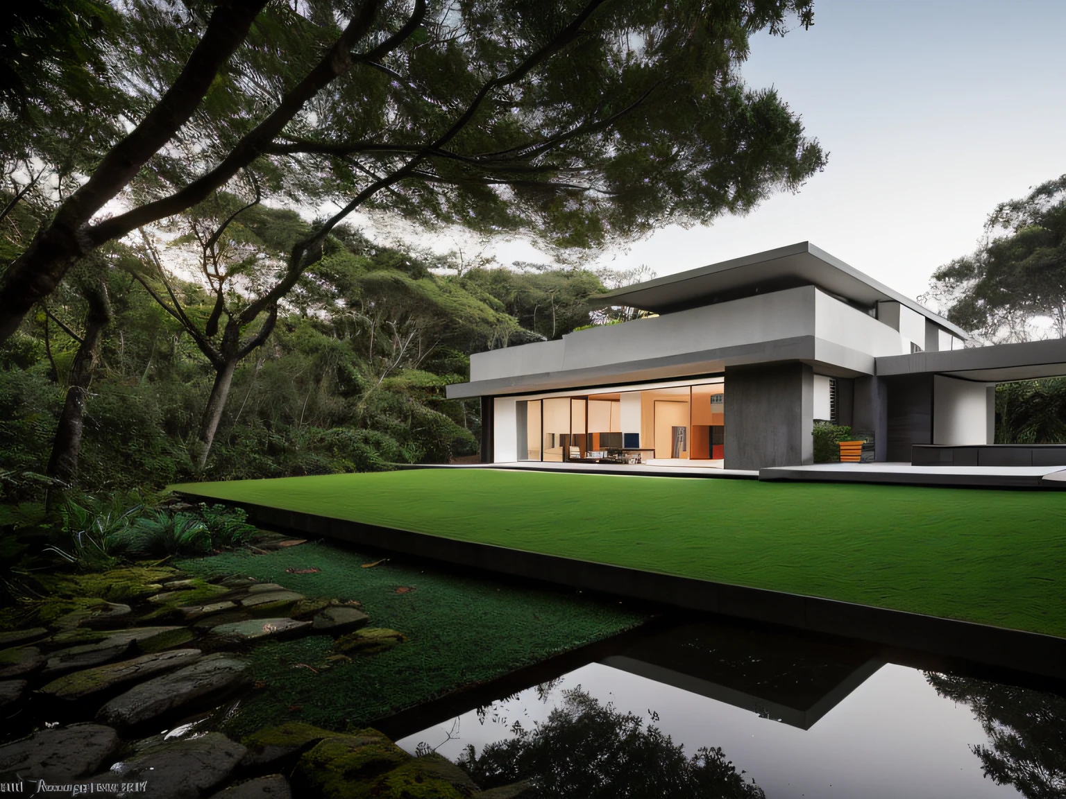 Forest landscape full of plane trees, Arquitetura moderna, Arquitetura futurista, Arquitetura Deslumbrante, Modern house not center, casa inspirada em tadao ando, ambiente quente, glow at night, ......RAW, HDR, (Casa pequena de concreto, Madeira e vidro na floresta, reflexions, ray tracing:1.3), cinemactic, Grey Slate, dramatic light, arquitetura, vibrant greenery outside, jardim exuberante no fundo, renderizado, muito detalhe, 8k, hiper-realismo, Joao Salvador, fotografia .....RAW de uma paisagem, pequenos detalhes, fotorrealista, Fotografia Ultrarrealista, 8k UHD, DSLR, soft-lighting, alta qualidade, grain of film, Fujifilm XT3, (obra-prima)
