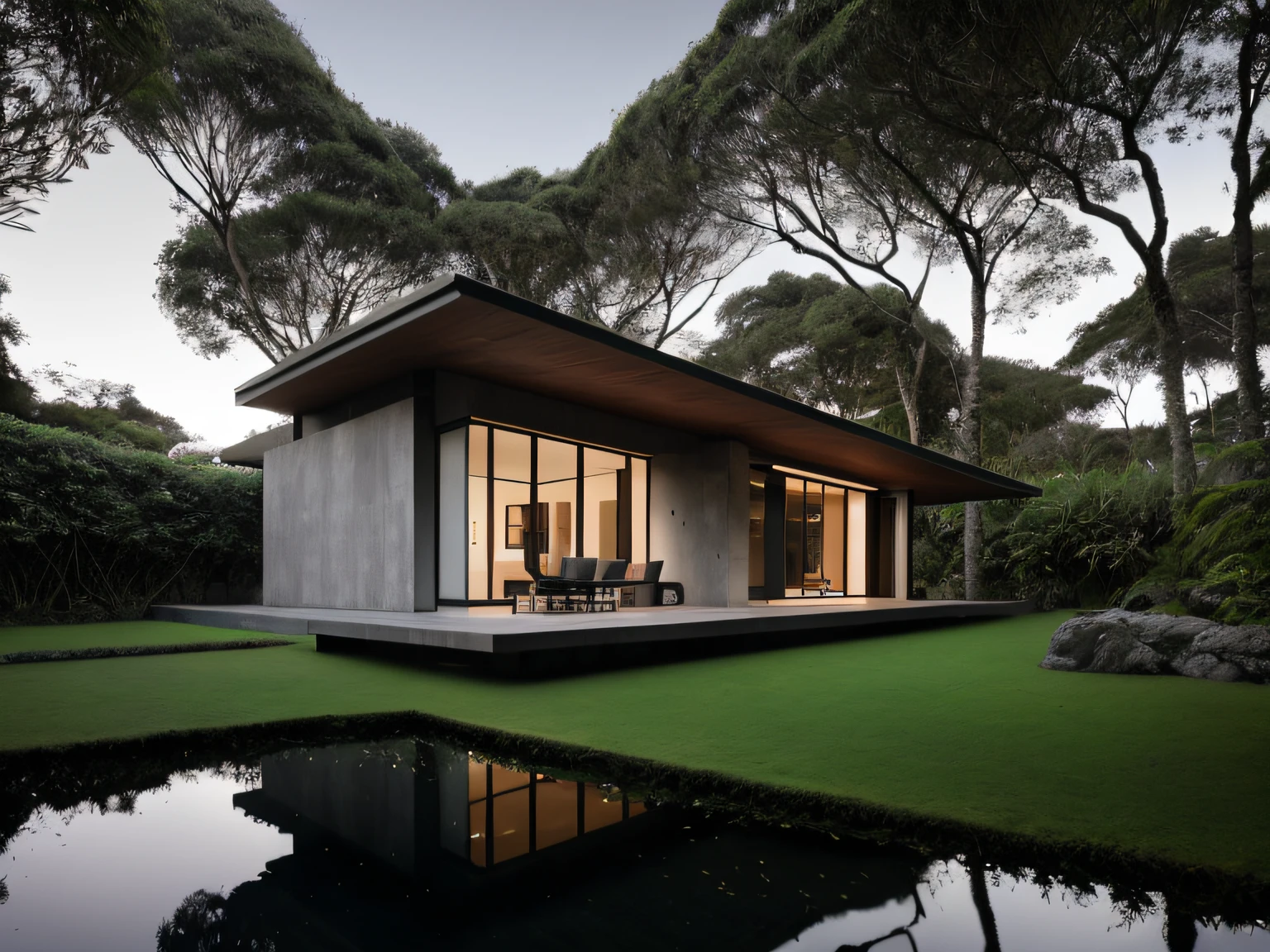Forest landscape full of plane trees, Arquitetura moderna, Arquitetura futurista, Arquitetura Deslumbrante, Modern house not center, casa inspirada em tadao ando, ambiente quente, glow at night, ......RAW, HDR, (Casa pequena de concreto, Madeira e vidro na floresta, reflexions, ray tracing:1.3), cinemactic, Grey Slate, dramatic light, arquitetura, vibrant greenery outside, jardim exuberante no fundo, renderizado, muito detalhe, 8k, hiper-realismo, Joao Salvador, fotografia .....RAW de uma paisagem, pequenos detalhes, fotorrealista, Fotografia Ultrarrealista, 8k UHD, DSLR, soft-lighting, alta qualidade, grain of film, Fujifilm XT3, (obra-prima)