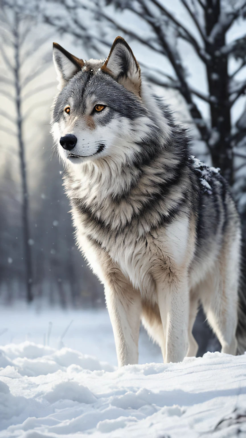 There's a No or standing in the snow near a tree, Foto tirada por Lobo, No or, Big No or, portrait of No or, No or lonely, Lobo Peludo, Portrait of a No or, AngieNão or, Lobos e seus tesouros, No or, dramatic cinematic detailed fur, Wolp, Lobo Dourado, No or dark grey, Not or in a snowfield, arte digital animal foto, companion No or