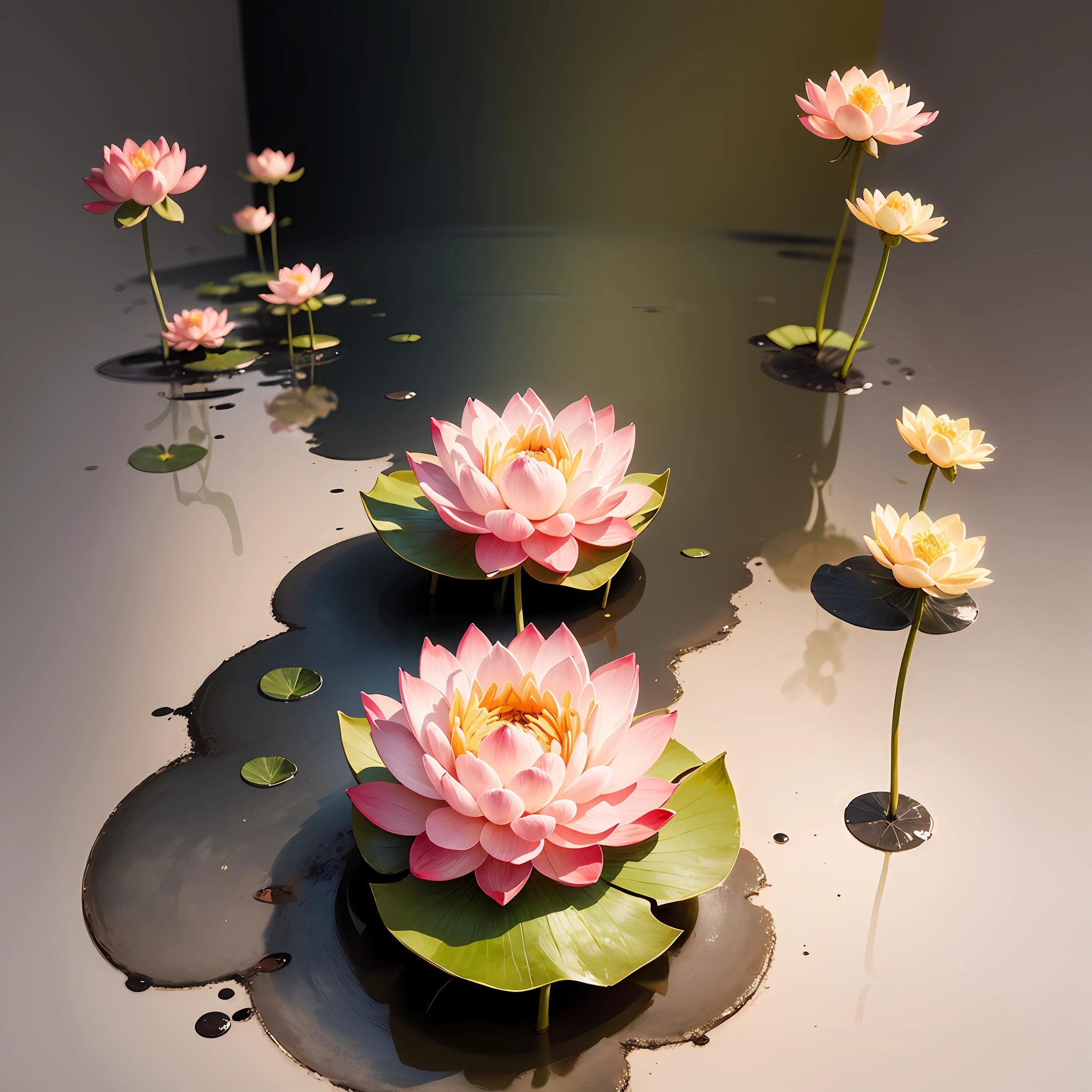 Pink lotus flowers bloom，greybackground，simple backgound，in the style of light orange and light beige，minimalist images，photographic installations，Paleonucleus，green and crimson，ultra-realistic realism，Poetic intimacy，ink and watercolor painting --auto