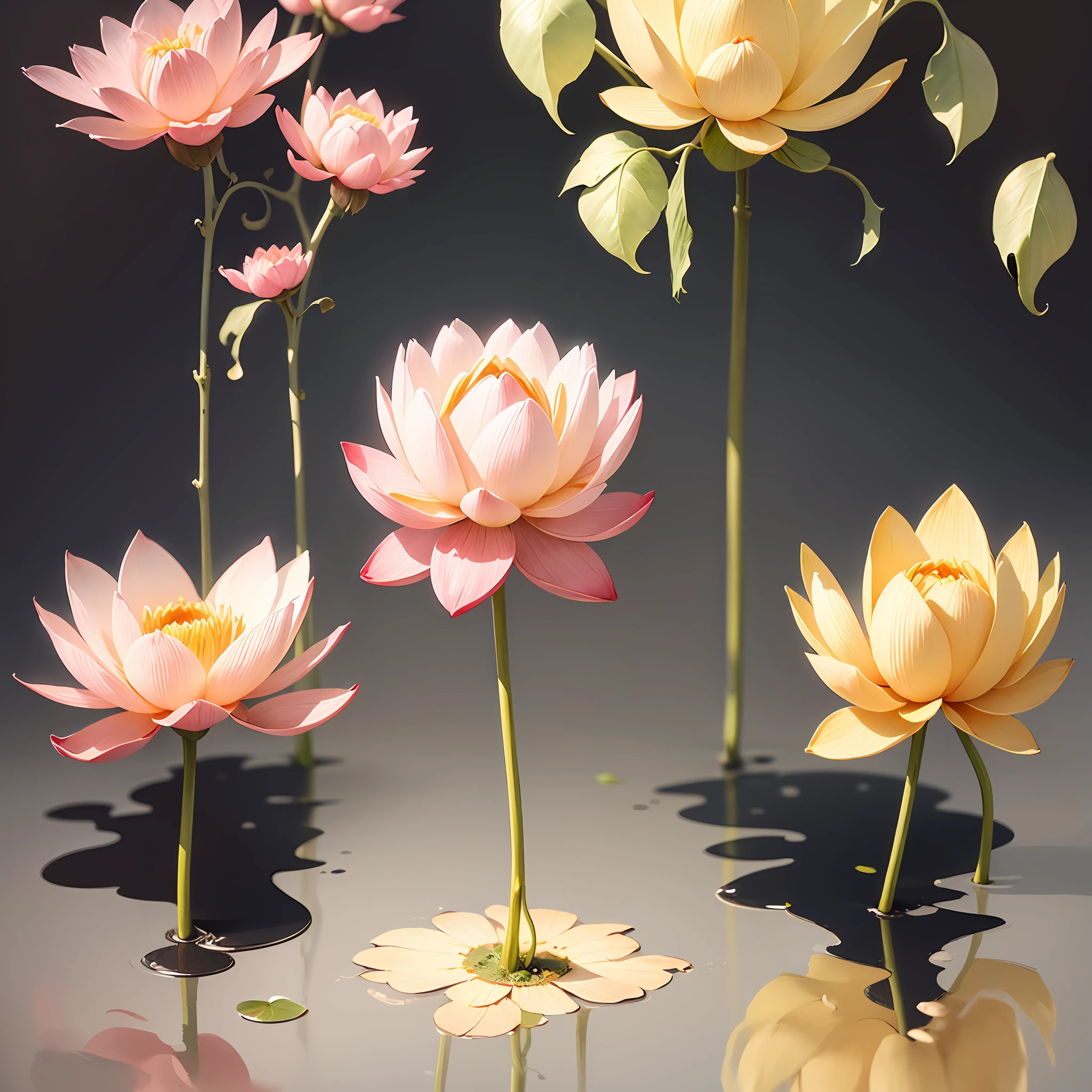Pink lotus flowers bloom,greybackground,simple backgound,in the style of light orange and light beige,minimalist images,photographic installations,Paleonucleus,green and crimson,ultra-realistic realism,Poetic intimacy,ink and watercolor painting --auto