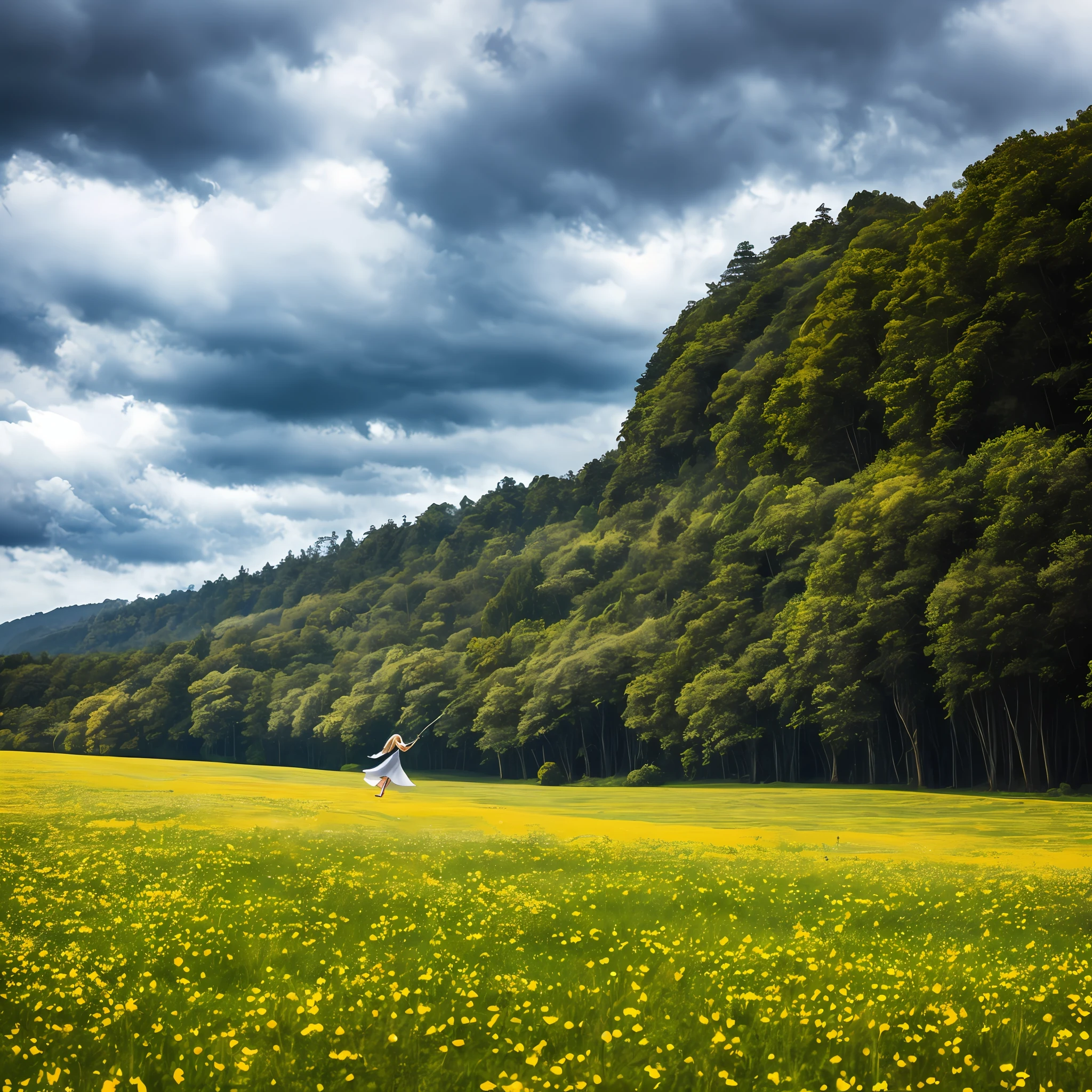 clouded skies, de fundo um bosque, grande pasto, os efeitos visuais em movimento, a luz natural colorida, And in the middle of the meadow is a blonde woman wearing a gray dress swaying in the winds --auto