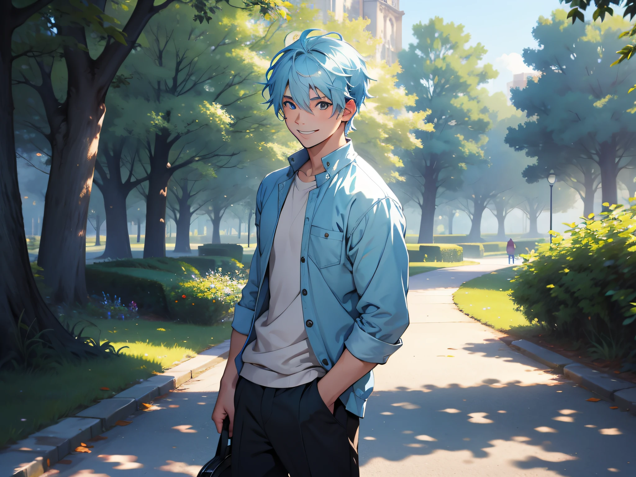 Boy, light blue hair, smile, in the park

Best quality