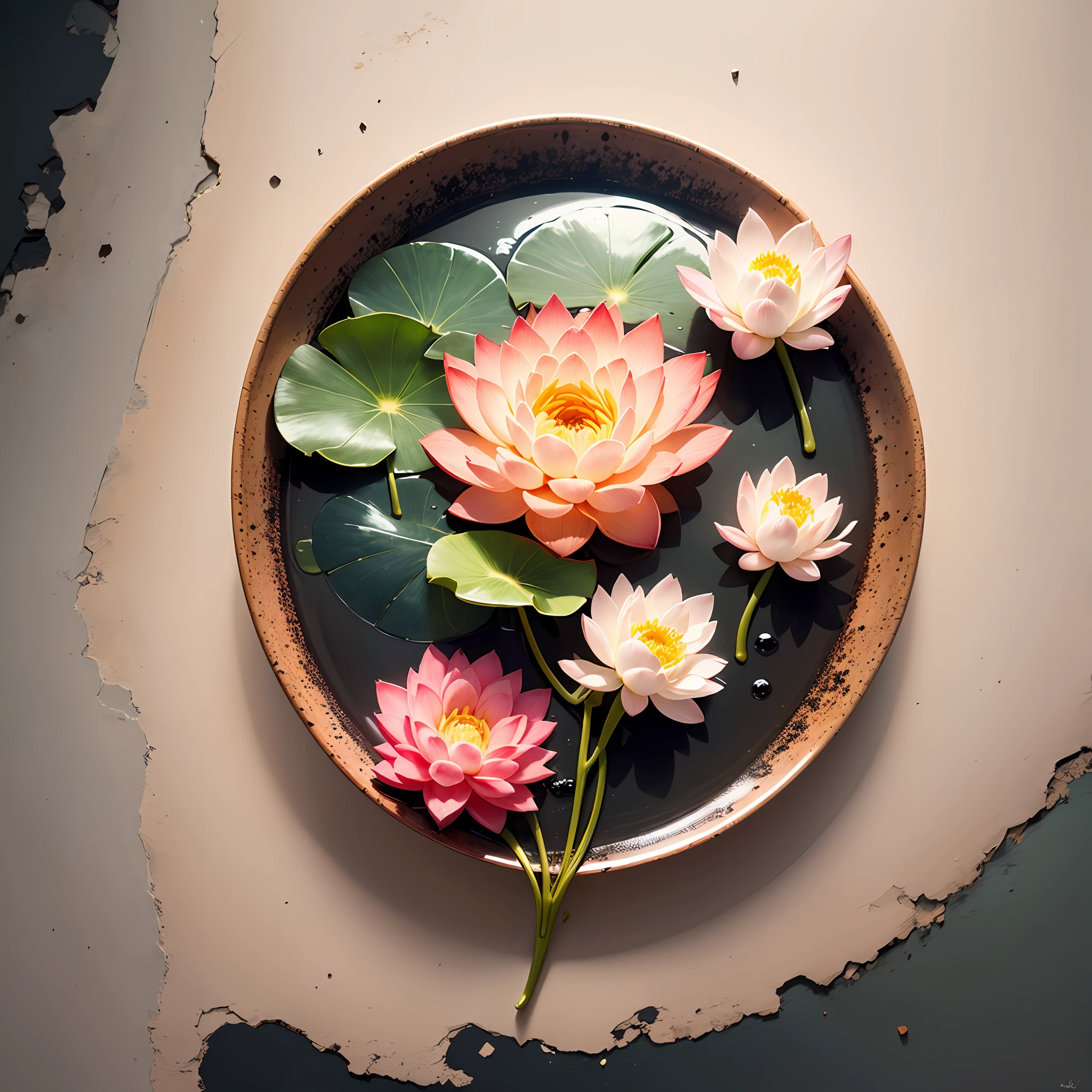 Pink lotus flowers bloom,greybackground,simple backgound,in the style of light orange and light beige,minimalist images,photographic installations,Paleonucleus,green and crimson,ultra-realistic realism,Poetic intimacy,ink and watercolor painting --auto