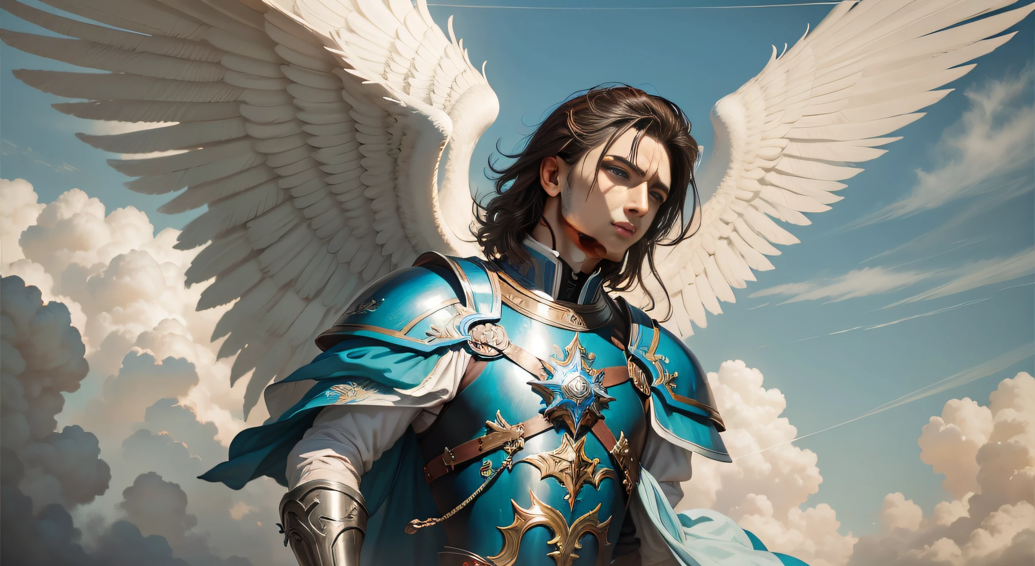 [Uma pintura realista de St. Miguel Arcanjo em armadura azul com asas brancas sobre as nuvens, rosto detalhado de homem]