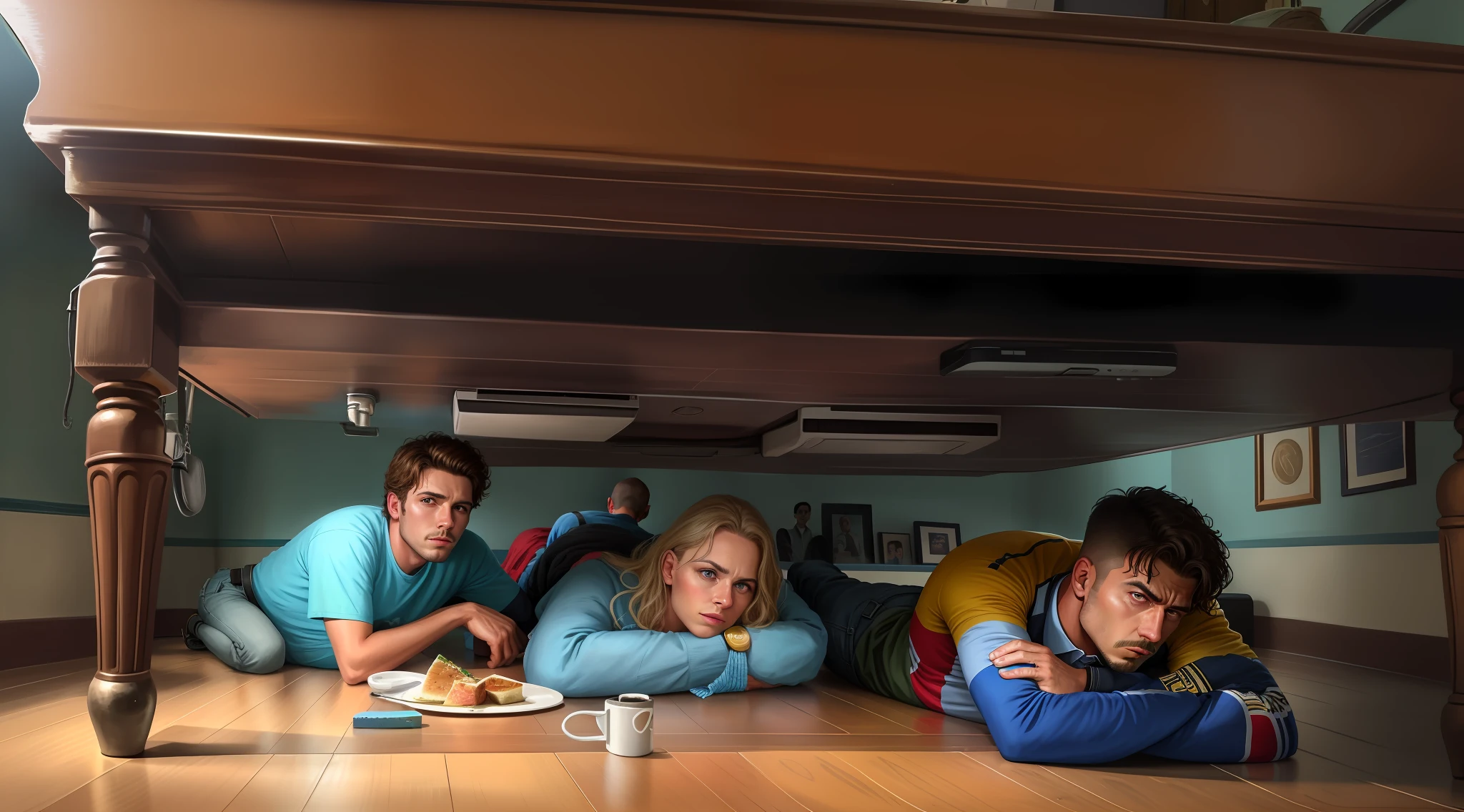 Two men and a woman they are lying on the floor under a table, arte chave, Super Realismo,filme fotorrealista ainda, Drama extremo, hiper-realismo", filme realista , hiper - realismo, filme hiper-realista, hiper-realismo, , a filme muito realista