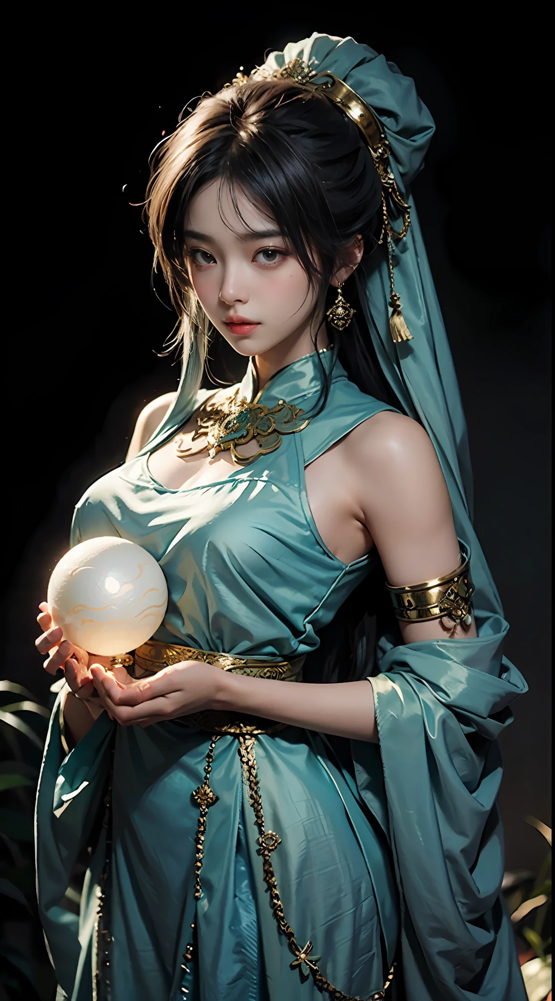 In the style of anime, A mysterious young woman holds a glowing orb，Cast a soft glow, ethereal glow upon her flawless features. The setting is a silent, moonlit forest and her attire is an ornate fusion of traditional Asian culture and futuristic fantasy. Every detail of her face and costume is presented in extreme close-ups，The level of detail is extraordinary. artist: Alec Soth