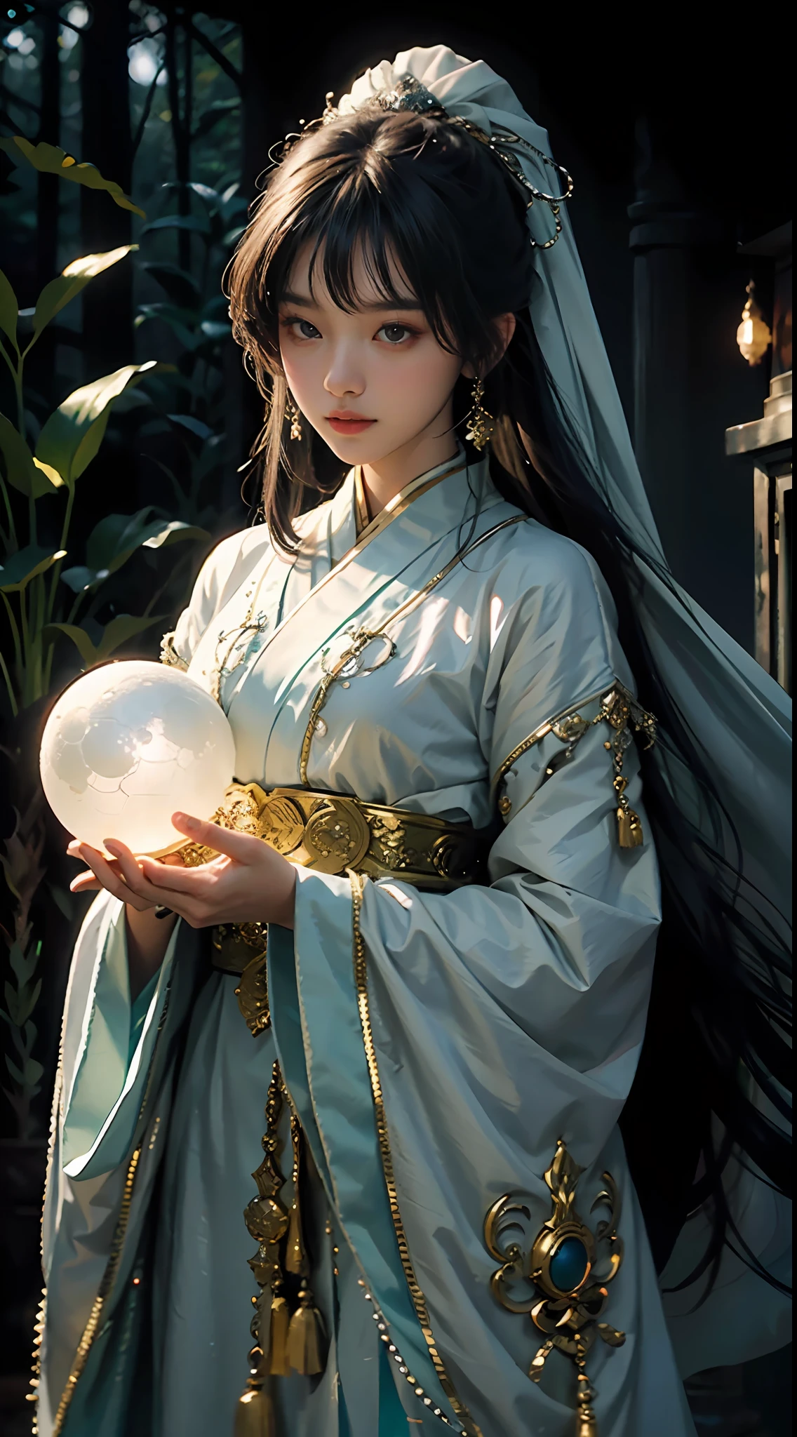 In the style of anime, A mysterious young woman holds a glowing orb,Cast a soft glow, ethereal glow upon her flawless features. The setting is a silent, moonlit forest and her attire is an ornate fusion of traditional Asian culture and futuristic fantasy. Every detail of her face and costume is presented in extreme close-ups,The level of detail is extraordinary. artist: Alec Soth