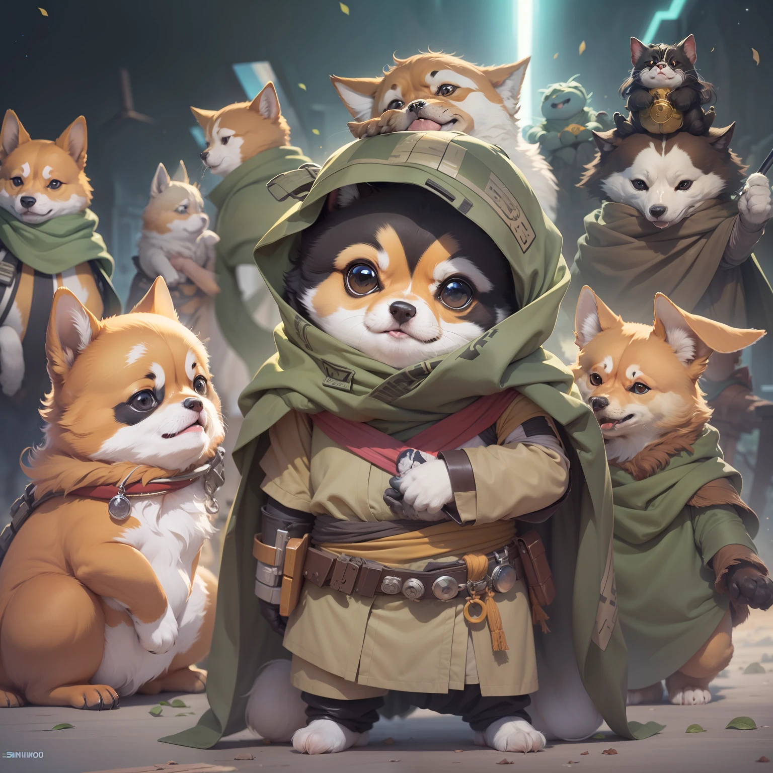 guerra de las galaxias、mapache con ropa Jedi、Maestro Jedi Shiba Inu、encantador、se ve divertido、se ve feliz、Niō Standing、Cuerpo fuerte、Fotos de un solo animal、a Bonita、Anime style