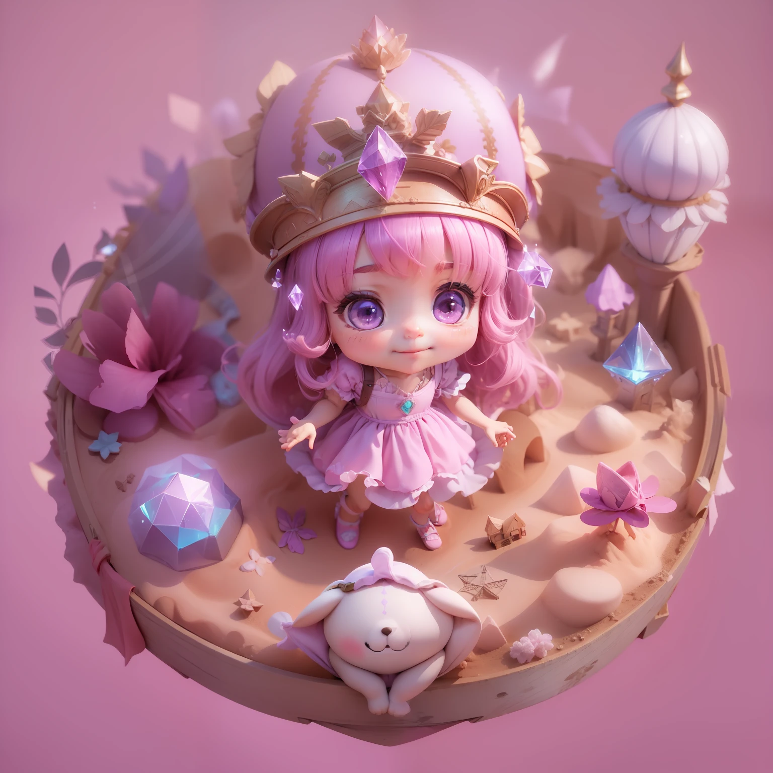 (sandbox:1.4),in a panoramic view，Solo, full body，tchibi，Cute little girl, in a pink and purple dress, a magic hat, Delicate headgear，ssmile，Rococo style，Material de vidro，Crystal material，extremely detaile, Cinematic lighting effects，4K，tmasterpiece，offcial art