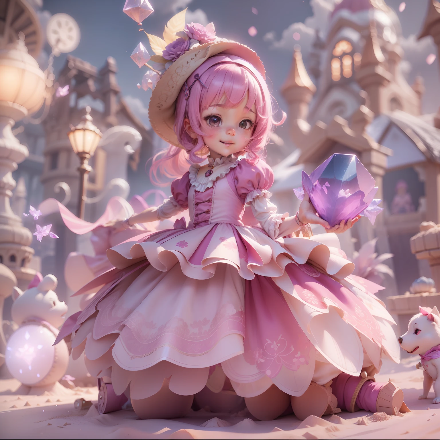 (sandbox:1.4),in a panoramic view，Solo, full body，tchibi，Cute little girl, in a pink and purple dress, a magic hat, Delicate headgear，ssmile，Rococo style，Material de vidro，Crystal material，extremely detaile, Cinematic lighting effects，4K，tmasterpiece，offcial art