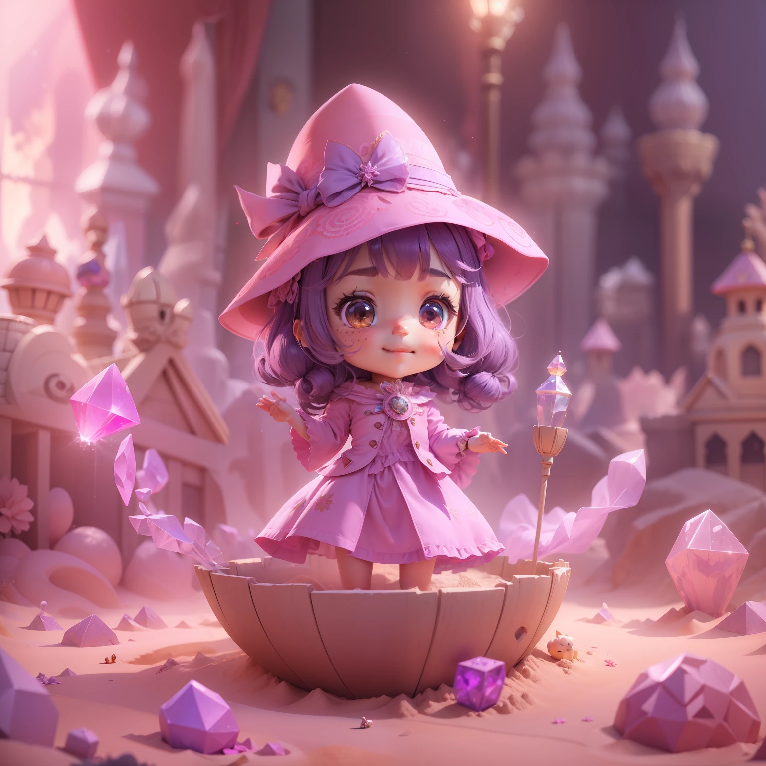 (sandbox:1.4),in a panoramic view,Solo, full body,tchibi,e litn a pink and purple dress, a magic hat, Delicate headgear,ssmile,Rococo style,Material de vidro,Crystal material,extremely detaile, Cinematic lighting effects,4K,tmasterpiece,offcial art