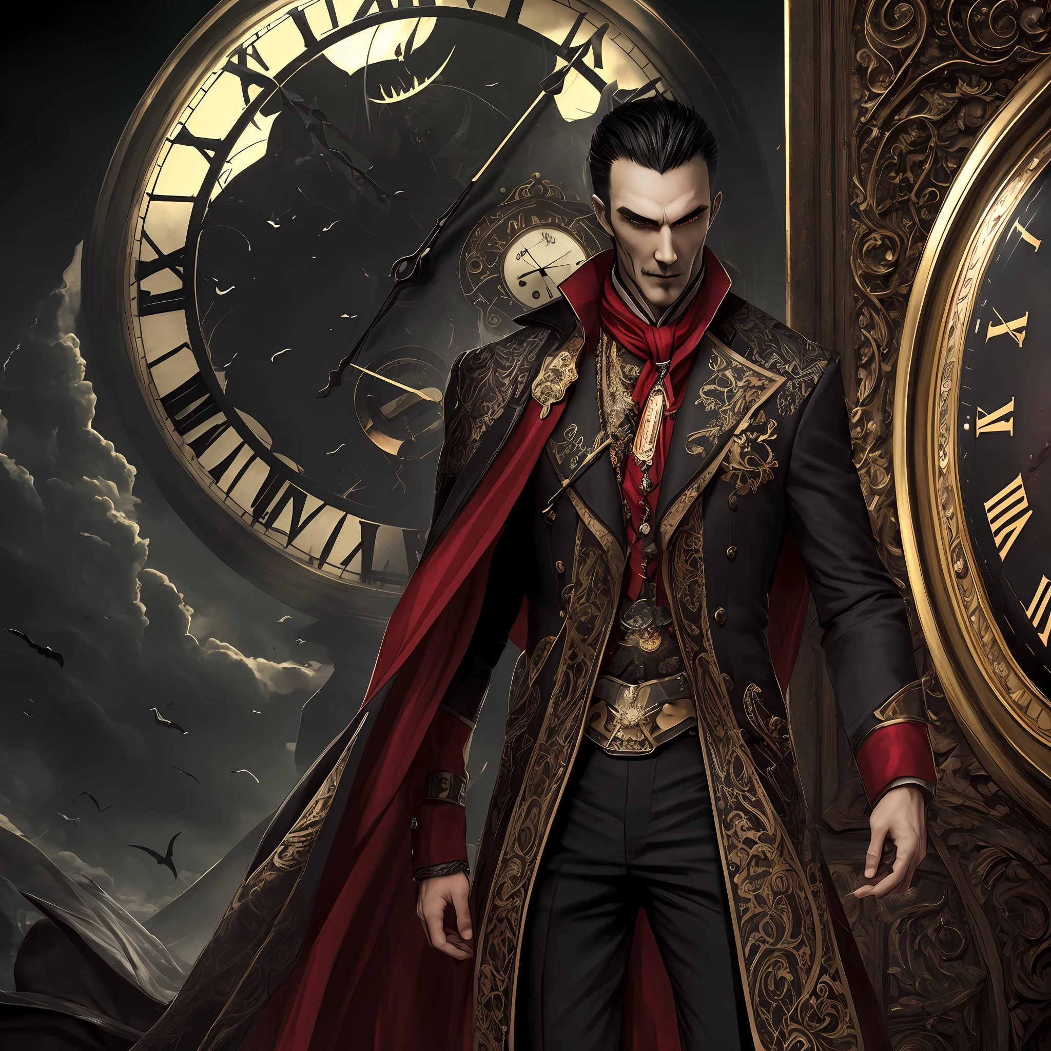 male people,Vampires,Elegant,Dark,Clock background,mito --auto