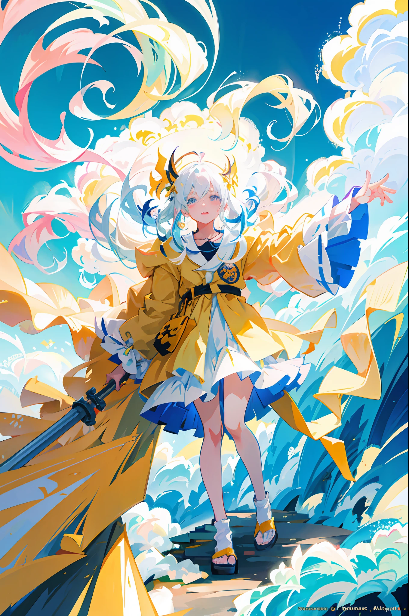 Anime girl with long white hair and yellow cape holding a yellow object, style of anime4 K, White-haired god, Anime art wallpaper 8 K, Best anime 4k konachan wallpaper, Anime fantasy illustration, Anime art wallpaper 4k, Anime art wallpaper 4 K, trending on artstation pixiv, Digital art on Pixiv, zerochan art, anime illustration