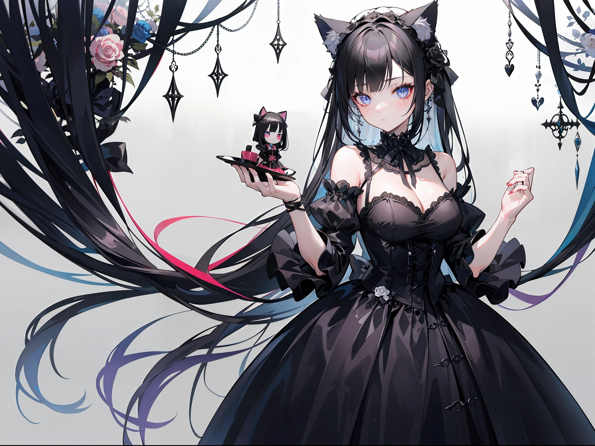 "A gothic lady with long elegantly tied up black hair, wearing black gothic dress inspired by a doll maker. She has eyes cat and cosplaying as a cat with cat ears"