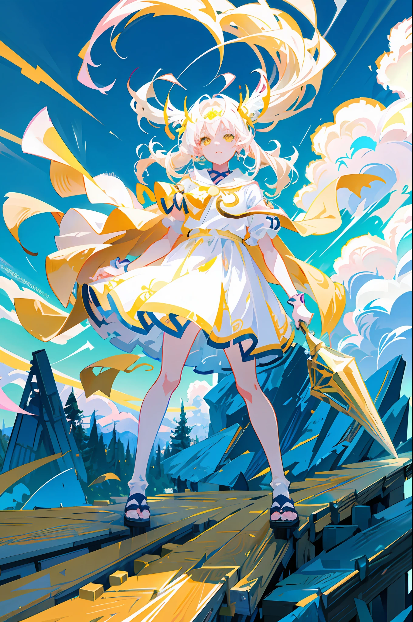 Anime girl with long white hair and yellow cape holding a yellow object, style of anime4 K, White-haired god, Anime art wallpaper 8 K, Best anime 4k konachan wallpaper, Anime fantasy illustration, Anime art wallpaper 4k, Anime art wallpaper 4 K, trending on artstation pixiv, Digital art on Pixiv, zerochan art, anime illustration