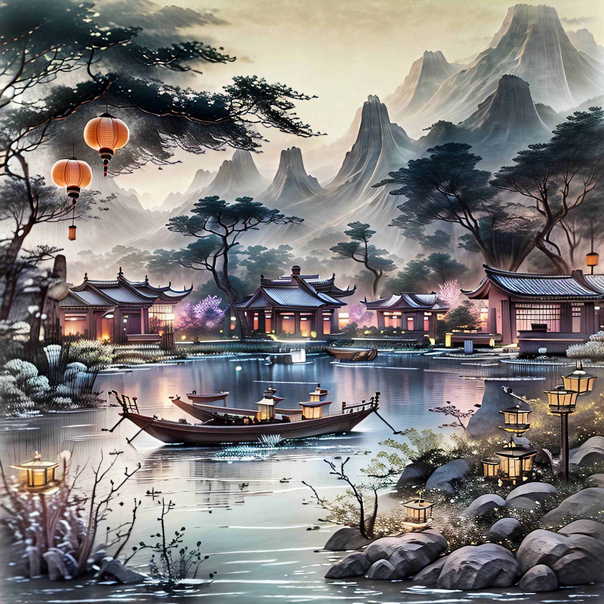 tmasterpiece，Best quality，Chinese martial arts style，Asian night view with lanterns and water lilies，Asian lagoon with lanterns and boats at night，There are a lot of lights and boats on the water，Lake surface，lotus flower，beautiful night scene，（（Chinese martial arts style））），Wide sky，Continuous mountains and steep cliffs，ink wash style，Contour light，Atmospheric atmosphere， depth of fields，Rising fog，bamboos，pines，octagonal stone pavilions，waterfall flowing water，large full moon