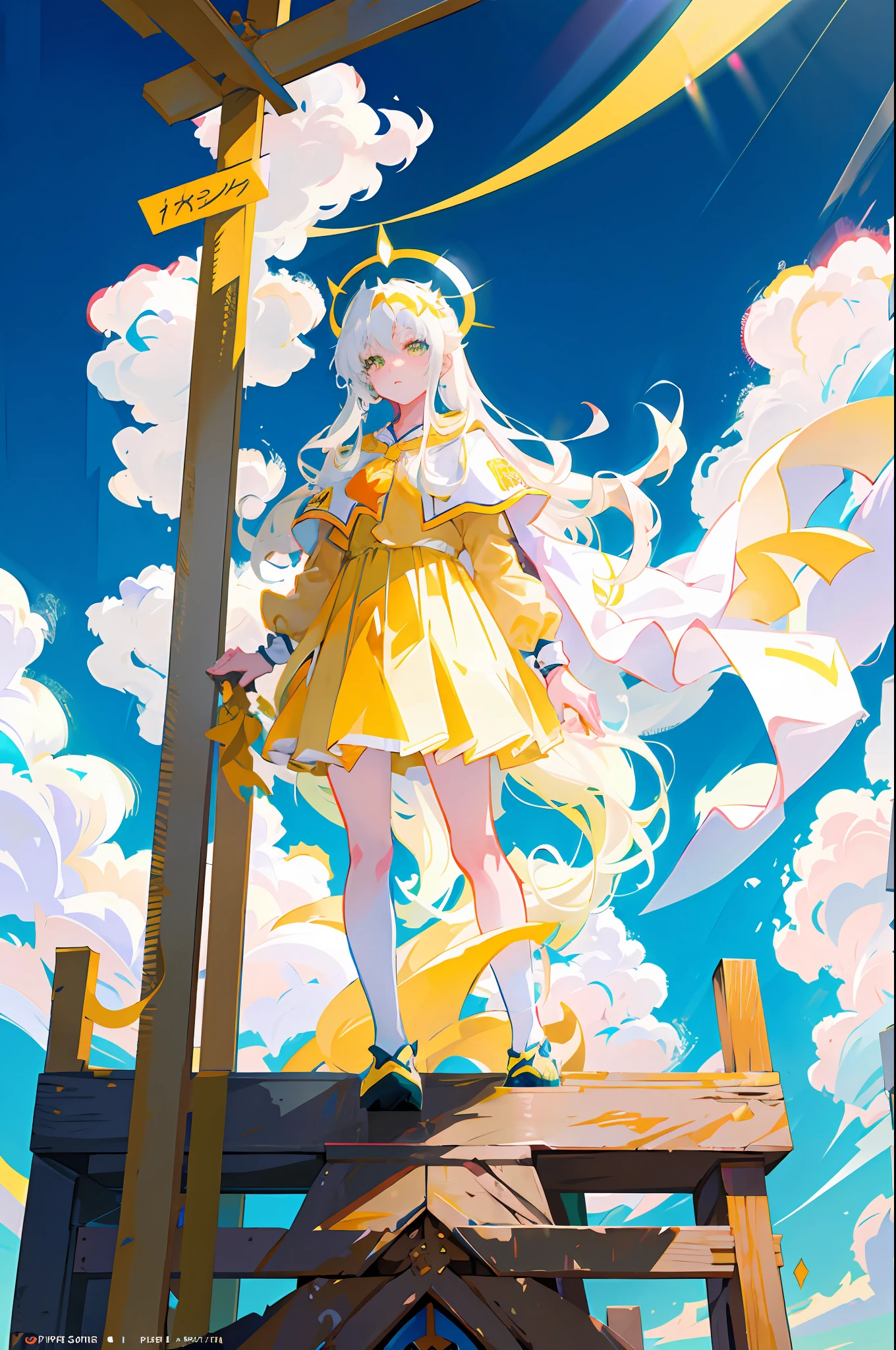 Anime girl with long white hair and yellow cape holding a yellow object, style of anime4 K, White-haired god, Anime art wallpaper 8 K, Best anime 4k konachan wallpaper, Anime fantasy illustration, Anime art wallpaper 4k, Anime art wallpaper 4 K, trending on artstation pixiv, Digital art on Pixiv, zerochan art, anime illustration