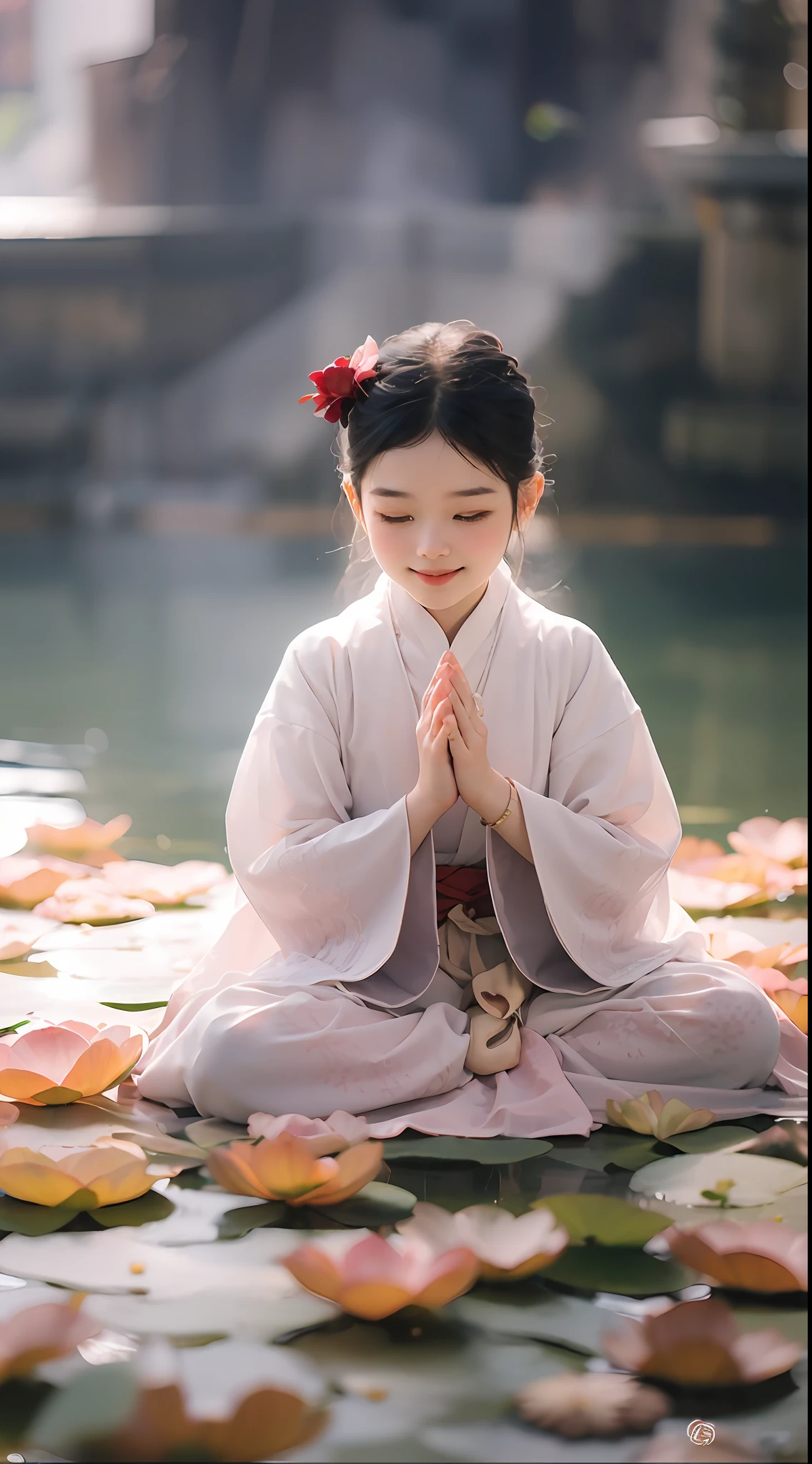 a 3-year-old a,Wearing a white monk's robe,Chubby little face,Big round eyes,A High Bridge of nose,With a smile,had his hands folded,Sit cross-legged。Lotus pattern on background。k hd