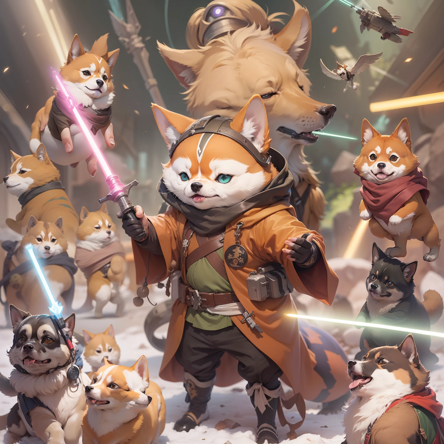 guerra de las galaxias、mapache con ropa Jedi、Maestro Jedi Shiba Inu、encantador、se ve divertido、se ve feliz、Niō Standing、Cuerpo fuerte、Fotos de un solo animal、a Bonita、Anime style