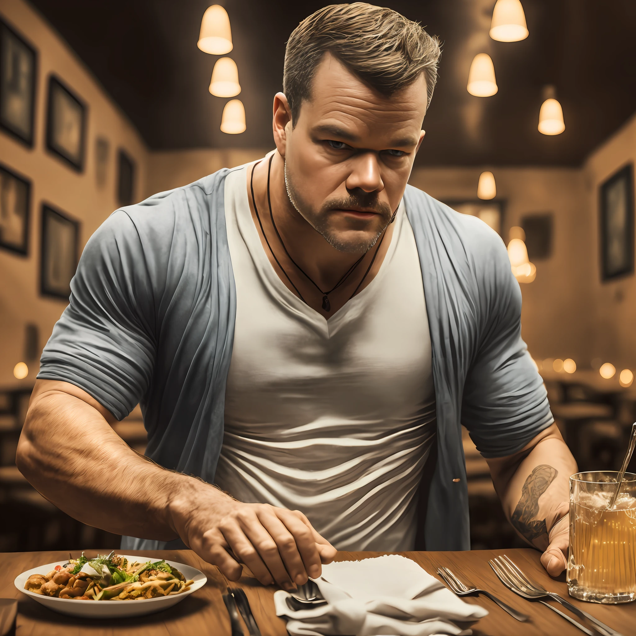 Foto RAW, Middle-aged Matt Damon wearing a dirty white jockstrap with a large huge bulge, (Restaurante ao fundo:1.1), (pele altamente detalhada:1.2), 8k UHD, DSLR, soft lighting, alta qualidade, filmic grain, Fujifilm XT3 drink millet muscle, Somente, dramatic pose, piece of master, arte conceitual, barba, Rosto detalhado, ultra claro detalhado, altamente detalhado, 8k, vivid colors, 8 mil, best quality, Altas, master part, pintura altamente detalhada --auto --s2