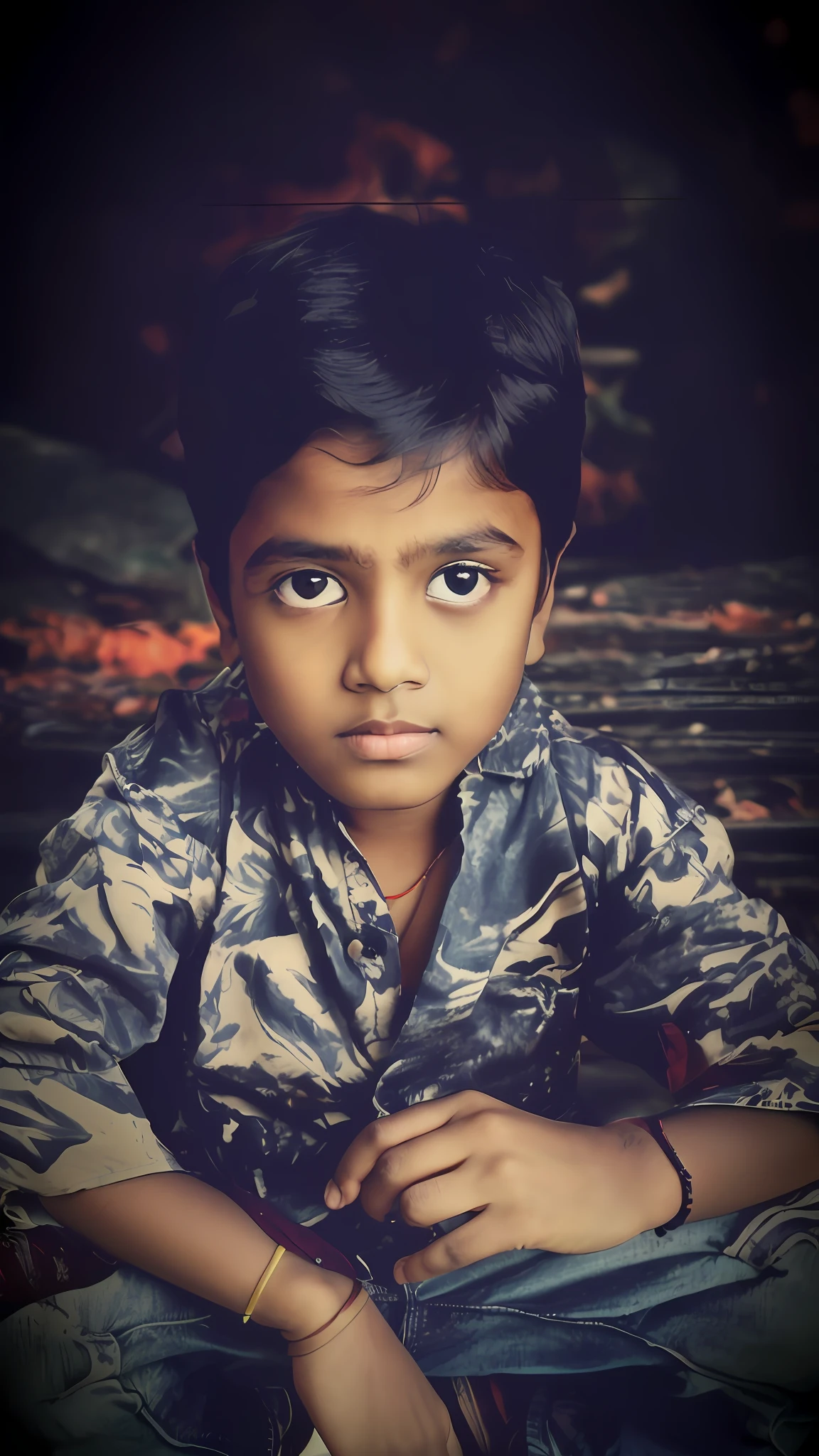 there is a young boy sitting on the ground with his hands on his knees, ayan nag, reyyan, young boy, potrait, old picture, innocent look, innocent face, with lovely look, portrait shot 8 k, cute boy, with accurate face, kid, vinayak, young commoner, innocent look. rich vivid colors
