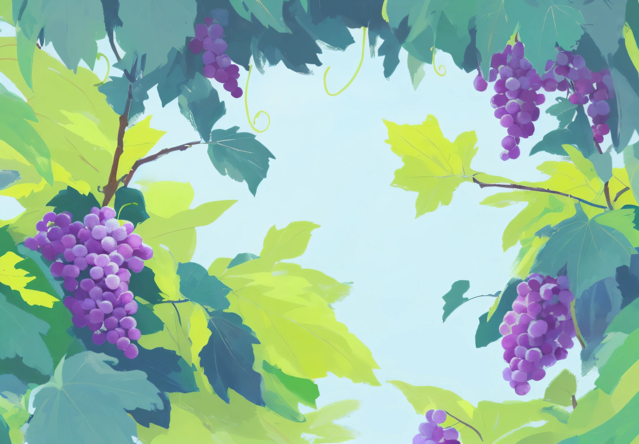 There is a painting of a bunch of grapes on the tree, colorful vines, arte de fundo, background artwork, grapes, Stylized digital illustration, Vines and blue leaves, made with anime painter studio, vine and plants and flowers, vines everywhere, thick and dense vines, Illustration 8 K, vines and flowers, vine yards, made with illustrator, translucent grapes, no gradien