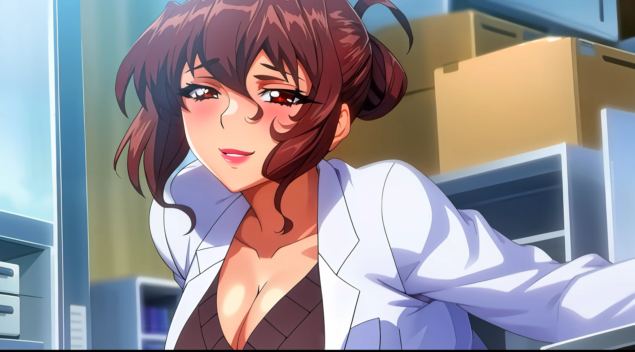 (beautiful hand:1.2), (masterpiece, best quality:1.3), Aiko Katsuragi, mature female, beautiful face, pretty face, (half body shot:1.05), 1girl, makeup, big breasts, lipstick, brown glowing eyes, folded ponytail, brown hair, cleavage, perfect body, (sexy body:1.3), (doctor, labcoat:1.2), perfect eyes, perfect retina, blushed, eyeliner, eyeshadow, perfect face, smile (caring look:1.1), look at viewer, high sharpness, sharp focus, medical room, professional artwork, intricate details, vivid colors, Diffused lighting, digital blending, ultra detailed body, ultra detailed hair, ultra detailed face, trending on pixiv, for desktop wallpaper