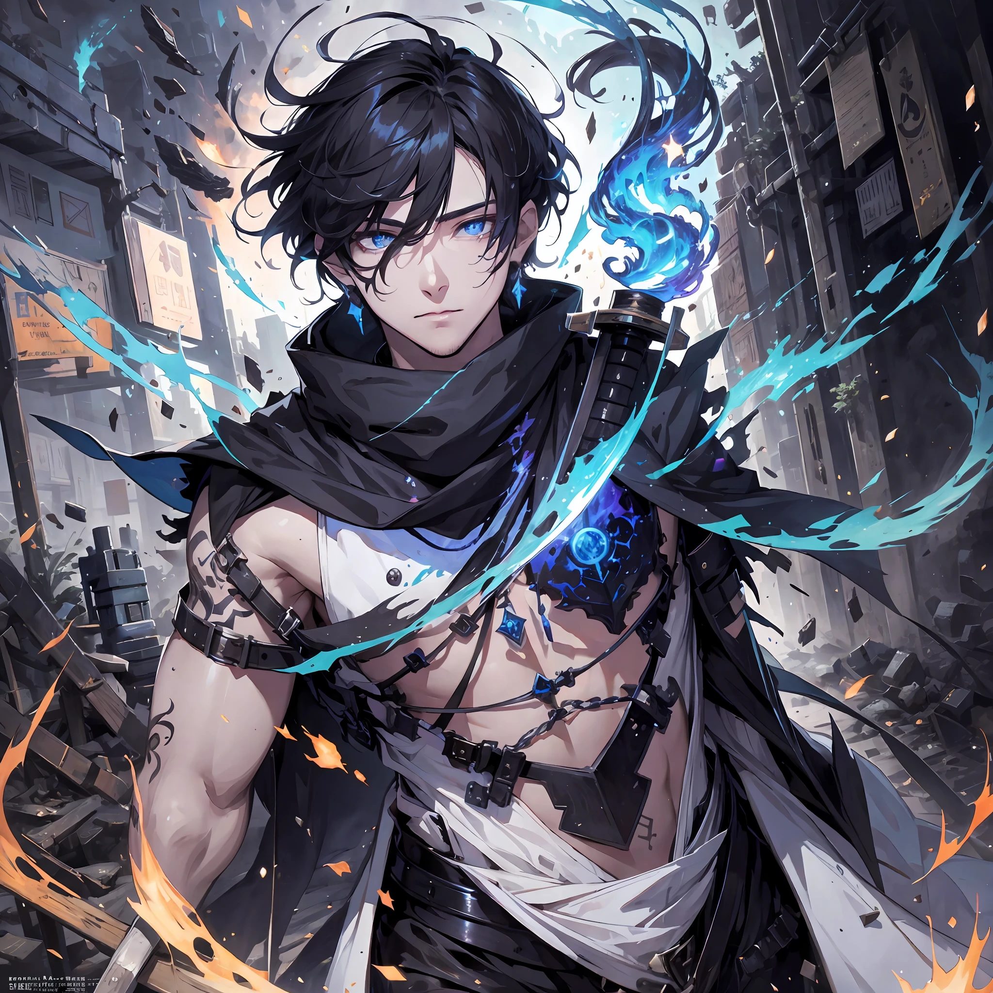 （hoang lap，A high resolution，ultra - detailed）， tmasterpiece， best qualtiy， Real light and shadow， 独奏， A boy with black hair， White sleeveless clothing， handsome， Fine Eye， 详细的脸， Detailed eyes， Black scarf， Two swords， dual swords， A sword surrounded by blue flames， Tattooed with， from below， looking down below， Ruined city， background inside dark， swirles， spark of light， cow boy shot， breaking， eBlue eyes， breaking， GlowingRunes_Paleblue sword，in crowd