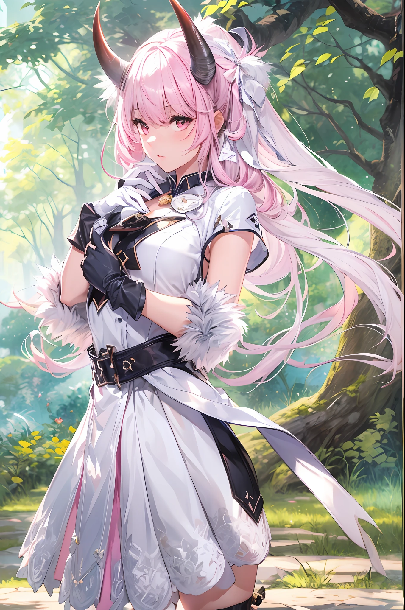masterpiece , best quality, 1girl, solo, horns, skirt, shirt, white gloves, long hair, upper body, black skirt, gloves, fur trim, white shirt, ribbon, looking at viewer, pink hair, close up, bangs, outdoors, fantasy world