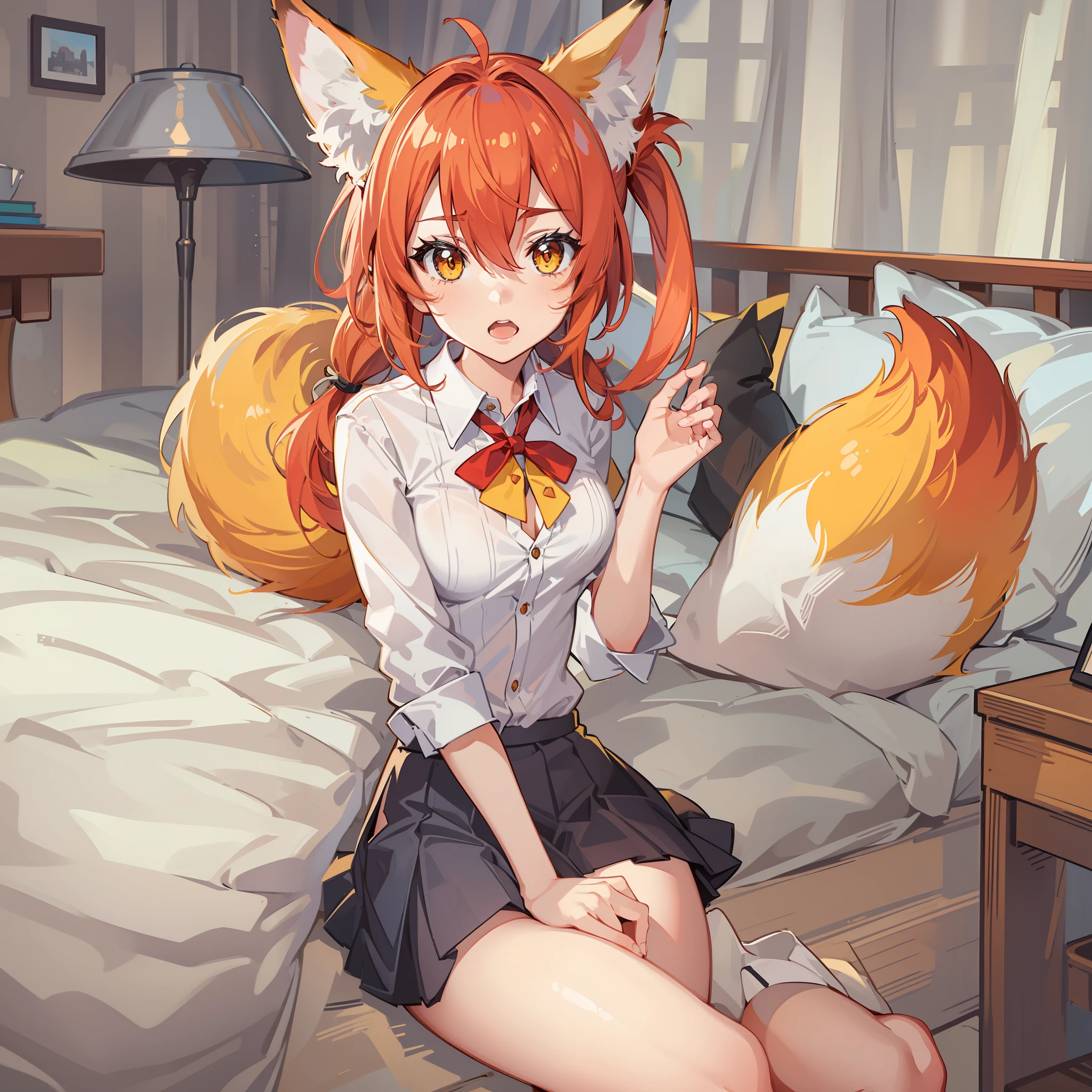1girl, fox girl, fox ears, fox tail, red hair, twin tails, yellow eyes, striped knee socks, short skirt, unbuttoned shirt, sexy, small breasts, soft bedroom background