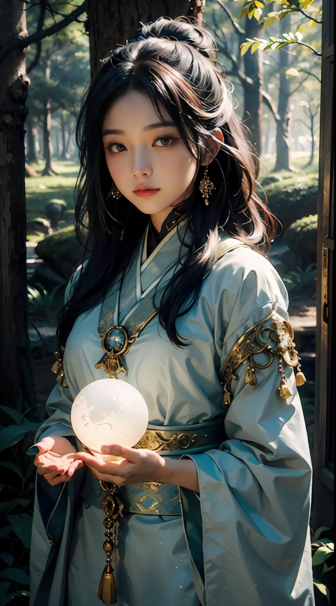 In the style of anime, A mysterious young woman holds a glowing orb，Cast a soft glow, ethereal glow upon her flawless features. The setting is a silent, moonlit forest and her attire is an ornate fusion of traditional Asian culture and futuristic fantasy. Every detail of her face and costume is presented in extreme close-ups，The level of detail is extraordinary. artist: Alec Soth
