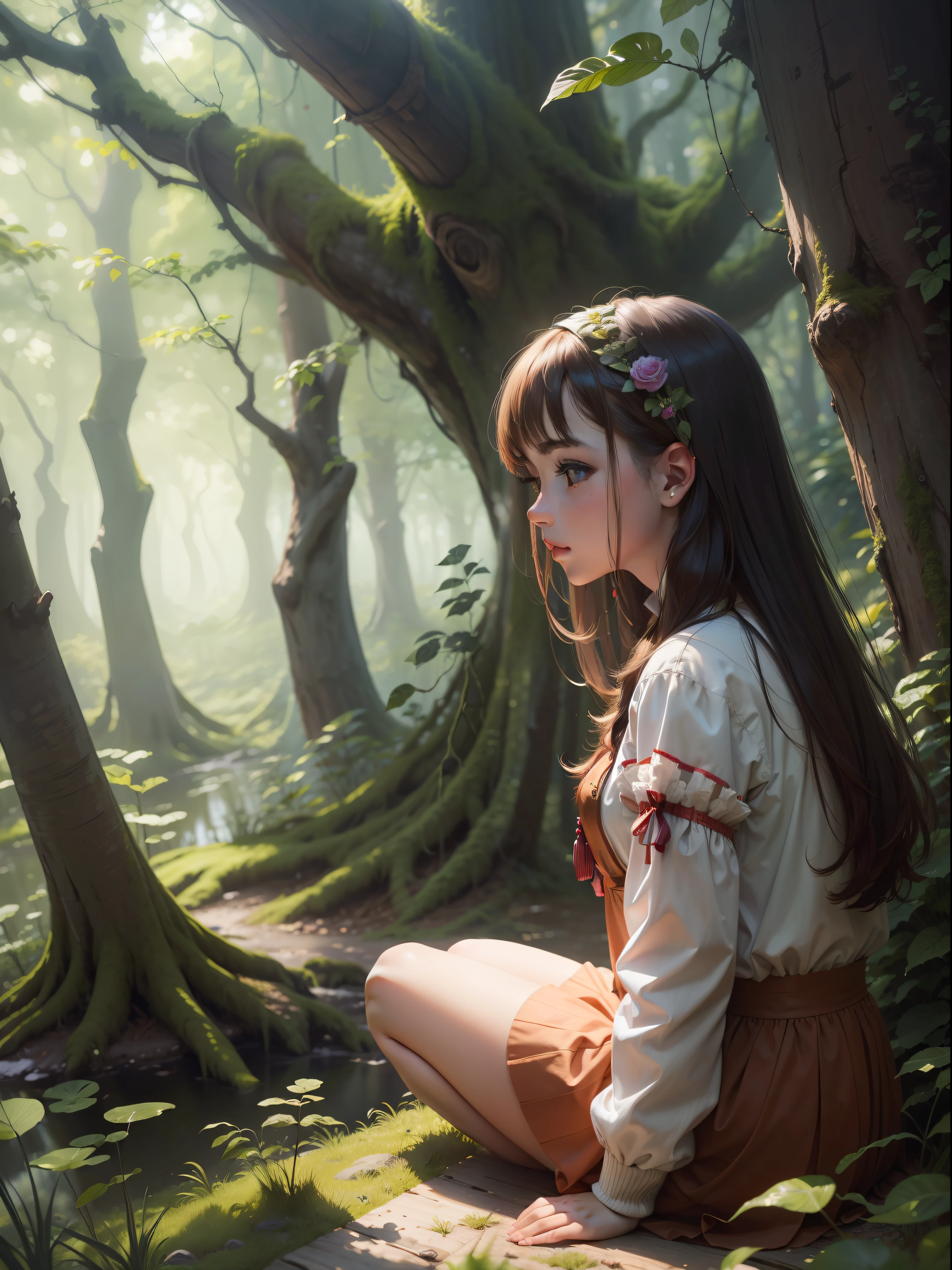 "(Best quality:1.3, masterpiece:1.3), girl sitting in a forest, captured from a side view."