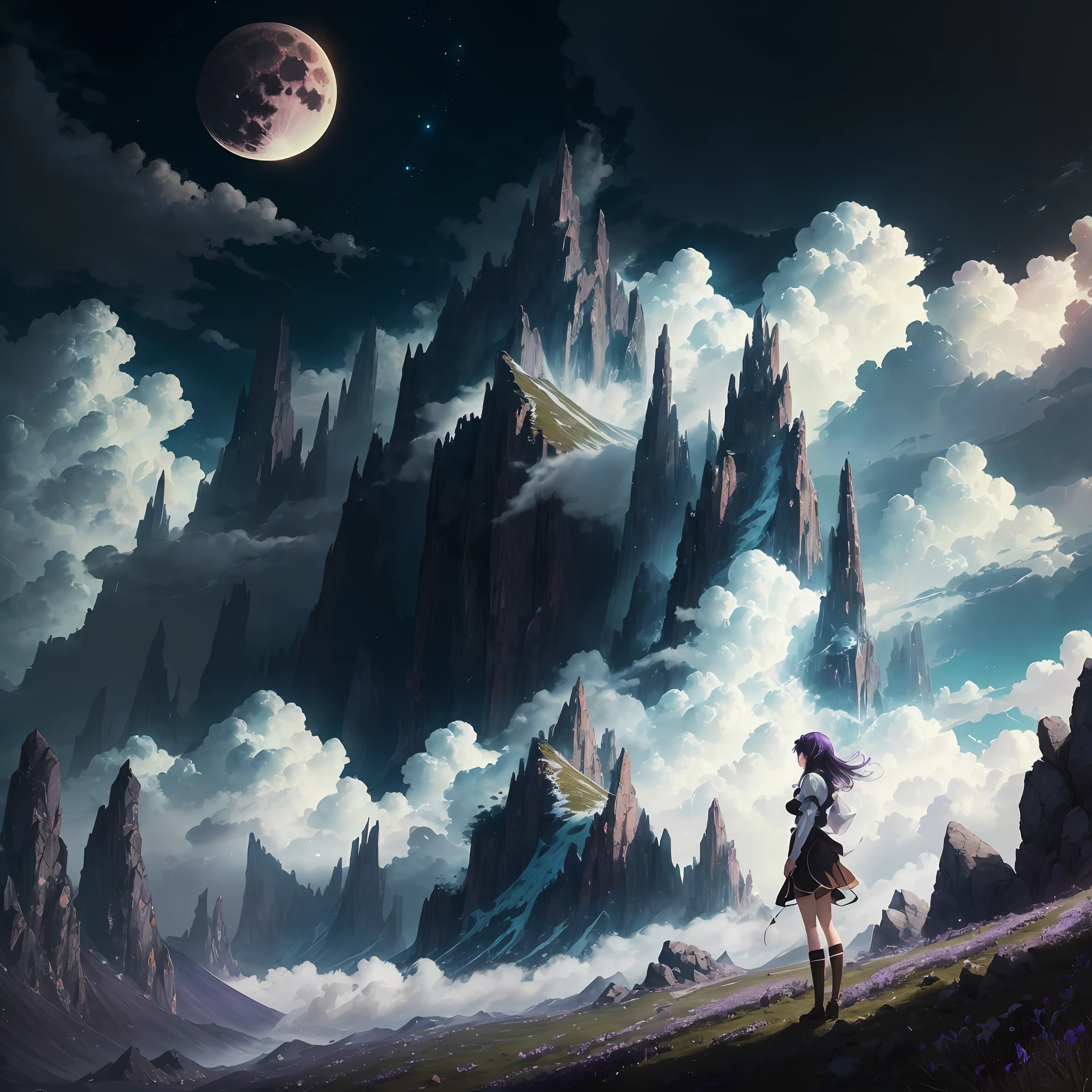 high detal，The details are complex，Need，best qualtiy，Standing painting light and shadow，Cinematic lighting effects，8K anime wallpaper，Detailed depiction，Ultra HD details，1个Giant Breast Girl，black color hair，Wear a uniform，Stand on a high mountain，facing away from the audience，There is a big moon ahead，The surrounding clouds are purple-white，The wide-angle view presents a long dark green grass。 --auto