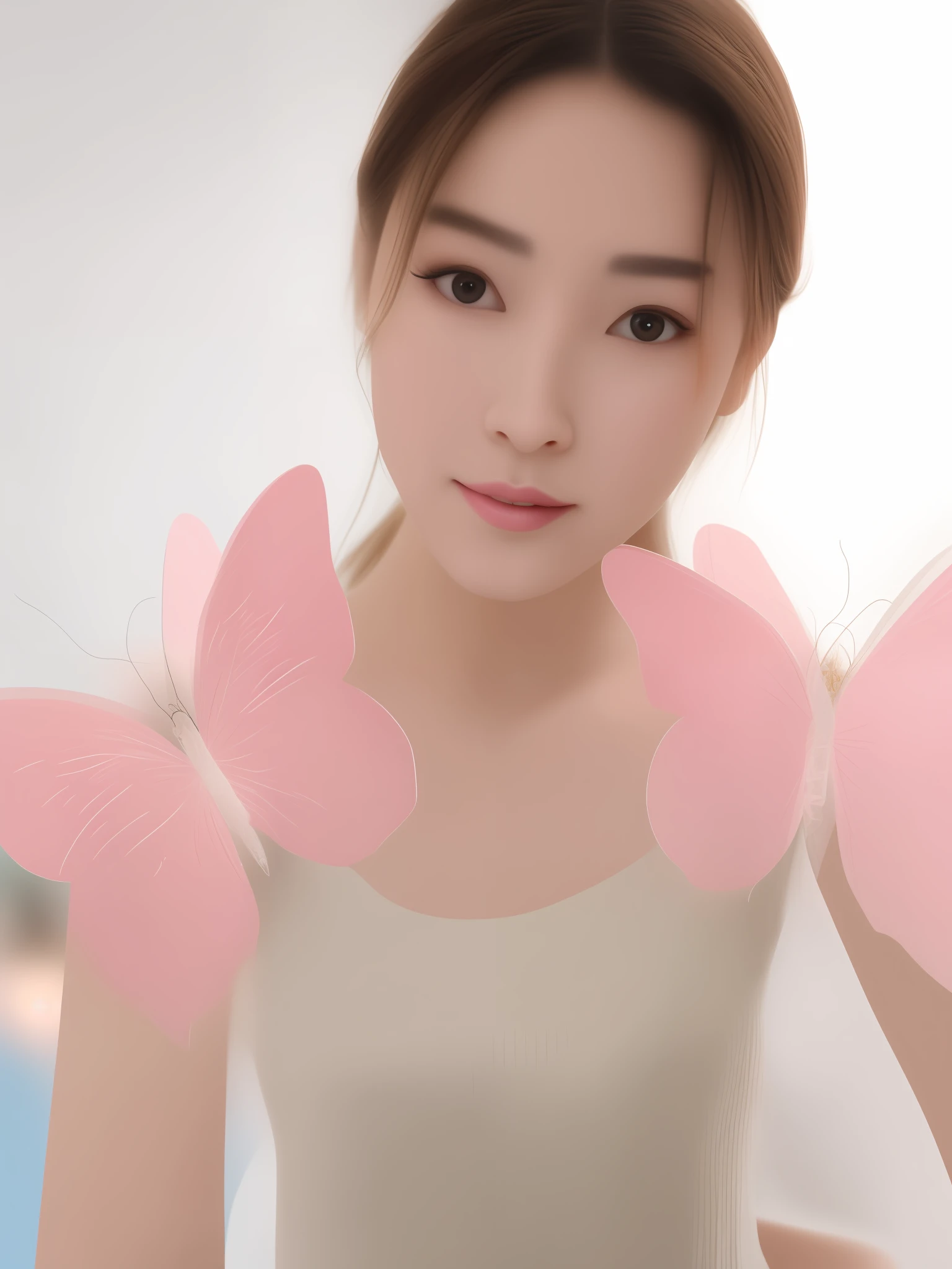 There was a woman,There are two pink butterflies on the shoulders, soft butterfly lighting, dilraba dilmurat, Transparent wings, aesthetic cute with flutter, with beautiful wings, ulzzangs, Middle metaverse, ethereal wings, Yoshitomo Nara, hair floating covering chest, Butterfly, Fairy, sakimichan