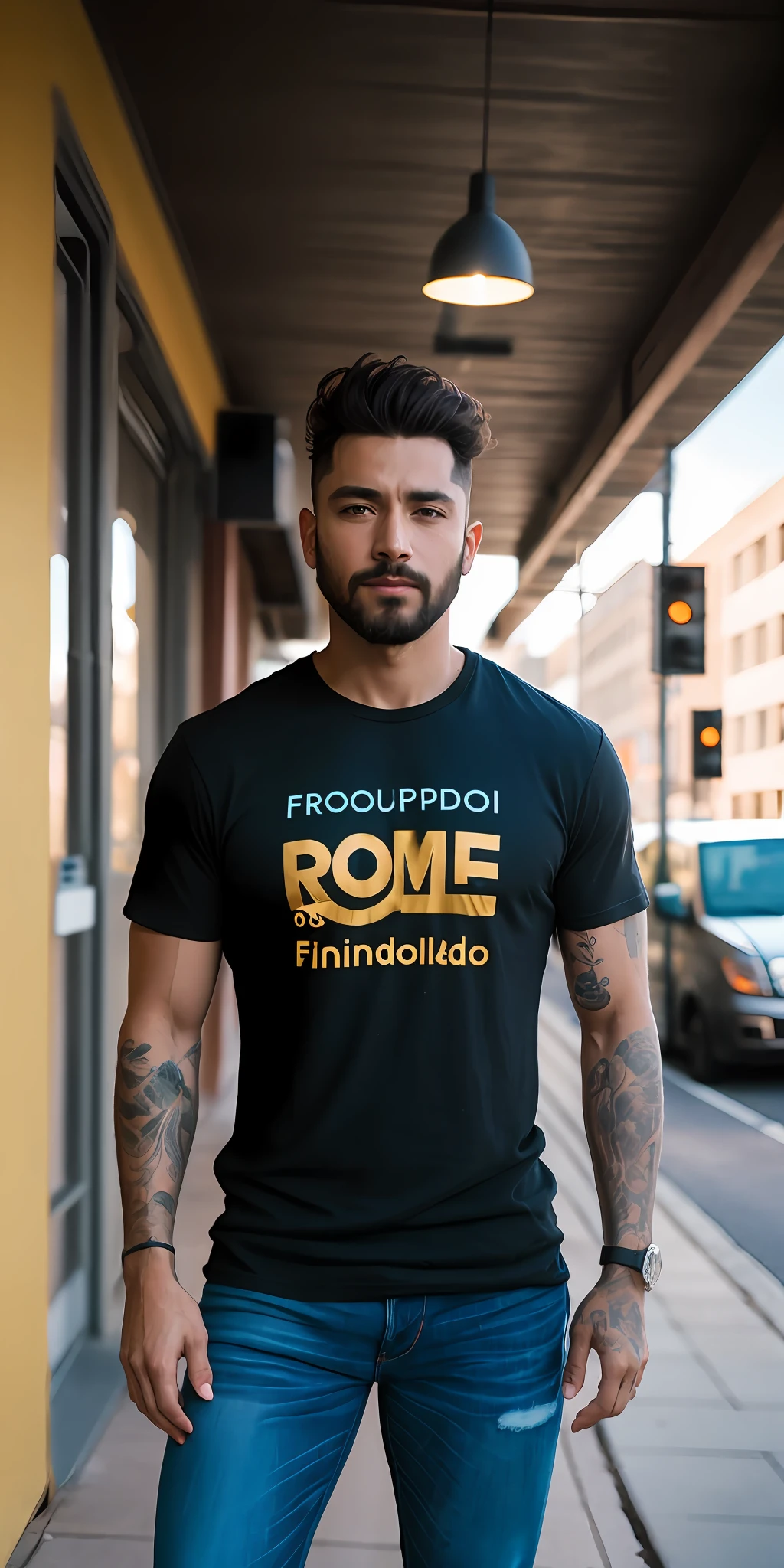 foto de retrato de rosto completo de um homem europeu de 25 anos, RAW, homem bonito,M, olhar saudoso, (extra curto cabelo castanho), ((rosto detalhado)), ((detailedfacialfeatures)), (pele finamente detalhada), pale skinned, (camiseta e jeans), ambiente de rua, (cores frias), humid, humid, reflexos, (obra-prima) (perfect aspect ratio)(foto realista)(melhor qualidade) (detalhado) fotografado em uma Canon EOS R5, Lente de 50mm, F/2.8, HDR, (8k) (papel de parede) (cinematic lighthing) (lighting dramatic) (foco nítido) (intrincado), Foto RAW, foto RAW, foto de gigachad, posing for the camera, jeans preto, Arms behind, 8k uhd, dslr, alta qualidade, grain of film, Fujifilm XT3, Film Stock Photography: 4 Kodak Portra 400 Camera F1.6 lens rich colors hyper realistic texture dramatic lighting unrealengine trend in artstation cinestill 800 tungsten, estilo toughboy, rosto ultra foco, intimidante, in fighting position, messy short hair, musculoso, veias estourando, frisado. RAW.