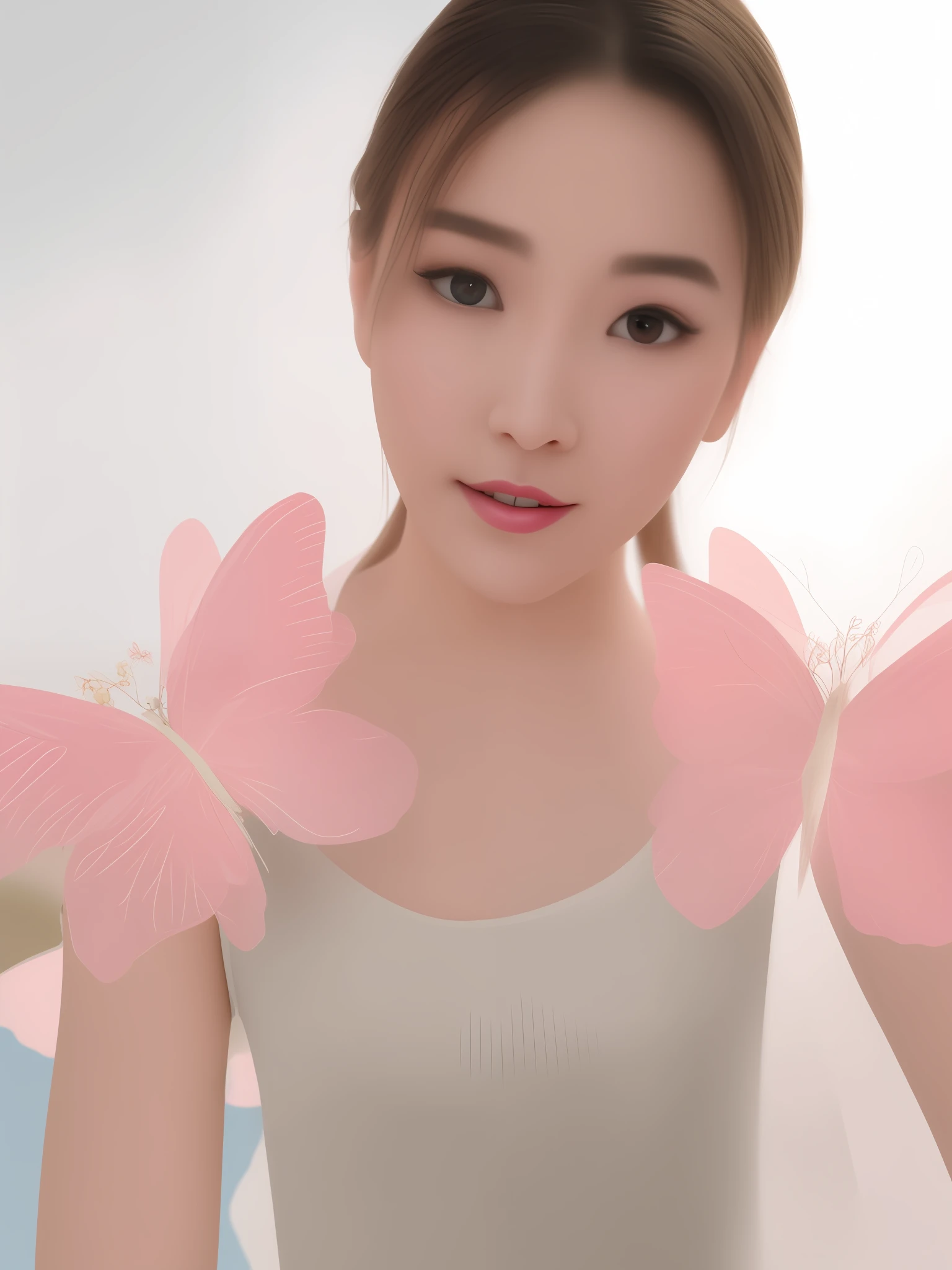 There was a woman，There are two pink butterflies on the shoulders, soft butterfly lighting, dilraba dilmurat, Transparent wings, aesthetic cute with flutter, with beautiful wings, ulzzangs, Middle metaverse, ethereal wings, Yoshitomo Nara, hair floating covering chest, Butterfly, Fairy, sakimichan