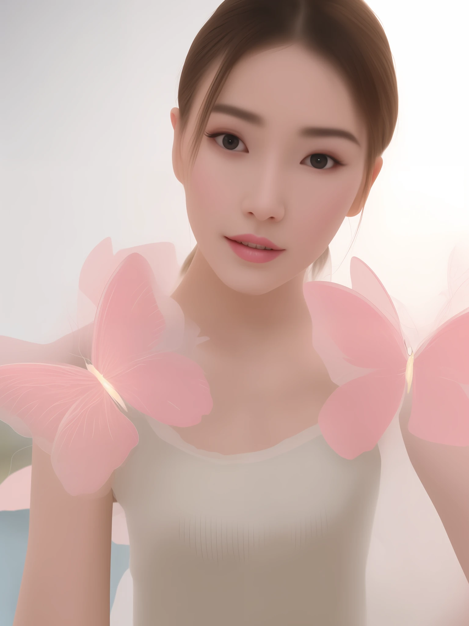 There was a woman,There are two pink butterflies on the shoulders, soft butterfly lighting, dilraba dilmurat, Transparent wings, aesthetic cute with flutter, with beautiful wings, ulzzangs, Middle metaverse, ethereal wings, Yoshitomo Nara, hair floating covering chest, Butterfly, Fairy, sakimichan