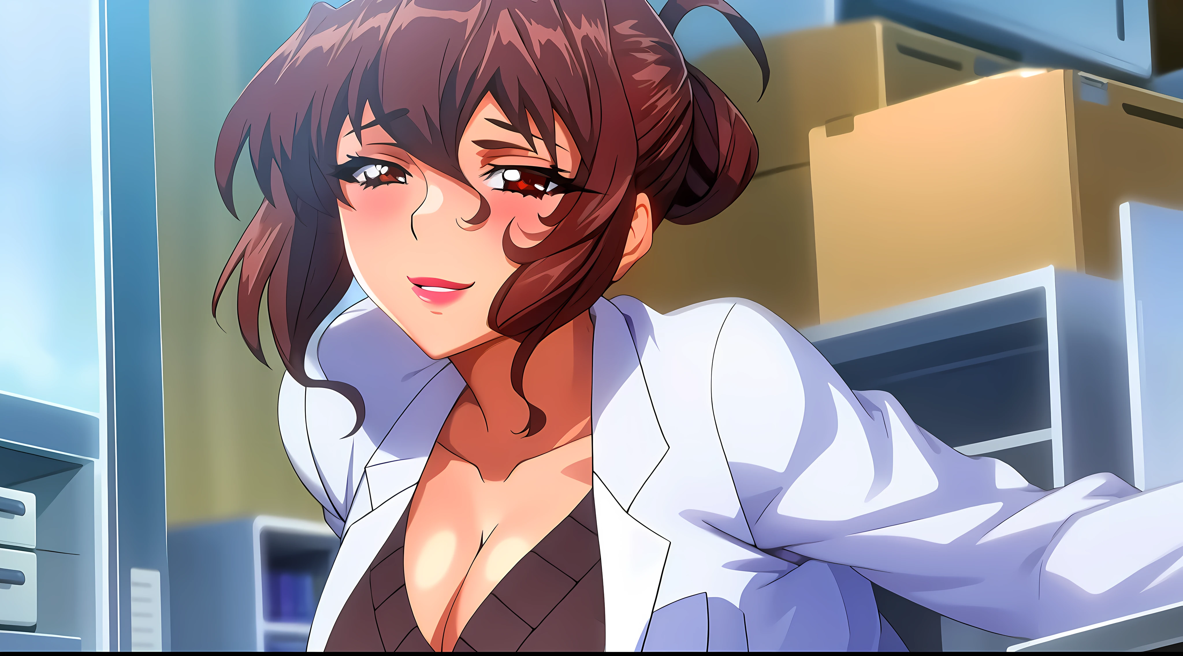 (beautiful hand:1.2), (masterpiece, best quality:1.3), Aiko Katsuragi, mature female, beautiful face, pretty face, (half body shot:1.05), 1girl, makeup, big breasts, lipstick, brown glowing eyes, folded ponytail, brown hair, cleavage, perfect body, (sexy body:1.3), (doctor, labcoat:1.2),  perfect eyes, perfect retina, blushed, eyeliner, eyeshadow, perfect face, smile (caring look:1.1), look at viewer, high sharpness, sharp focus, medical room, professional artwork, intricate details, vivid colors, Diffused lighting, digital blending, ultra detailed body, ultra detailed hair, ultra detailed face, trending on pixiv, for desktop wallpaper