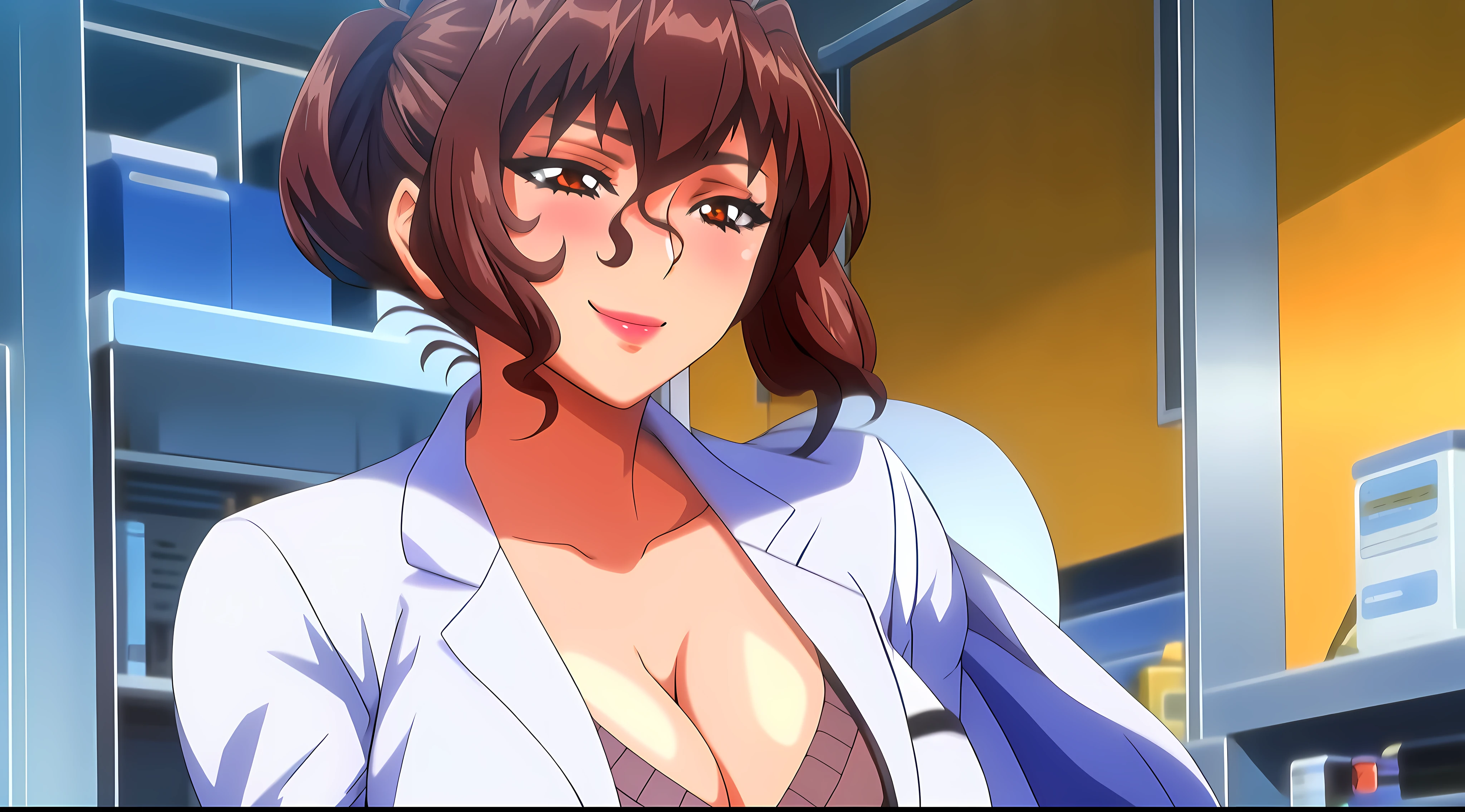 (beautiful hand:1.2), (masterpiece, best quality:1.3), Aiko Katsuragi, mature female, beautiful face, pretty face, (half body shot:1.05), 1girl, makeup, big breasts, lipstick, brown glowing eyes, folded ponytail, brown hair, cleavage, perfect body, (sexy body:1.3), (doctor, labcoat:1.2),  perfect eyes, perfect retina, blushed, eyeliner, eyeshadow, perfect face, smile (caring look:1.1), look at viewer, high sharpness, sharp focus, medical room, professional artwork, intricate details, vivid colors, Diffused lighting, digital blending, ultra detailed body, ultra detailed hair, ultra detailed face, trending on pixiv, for desktop wallpaper