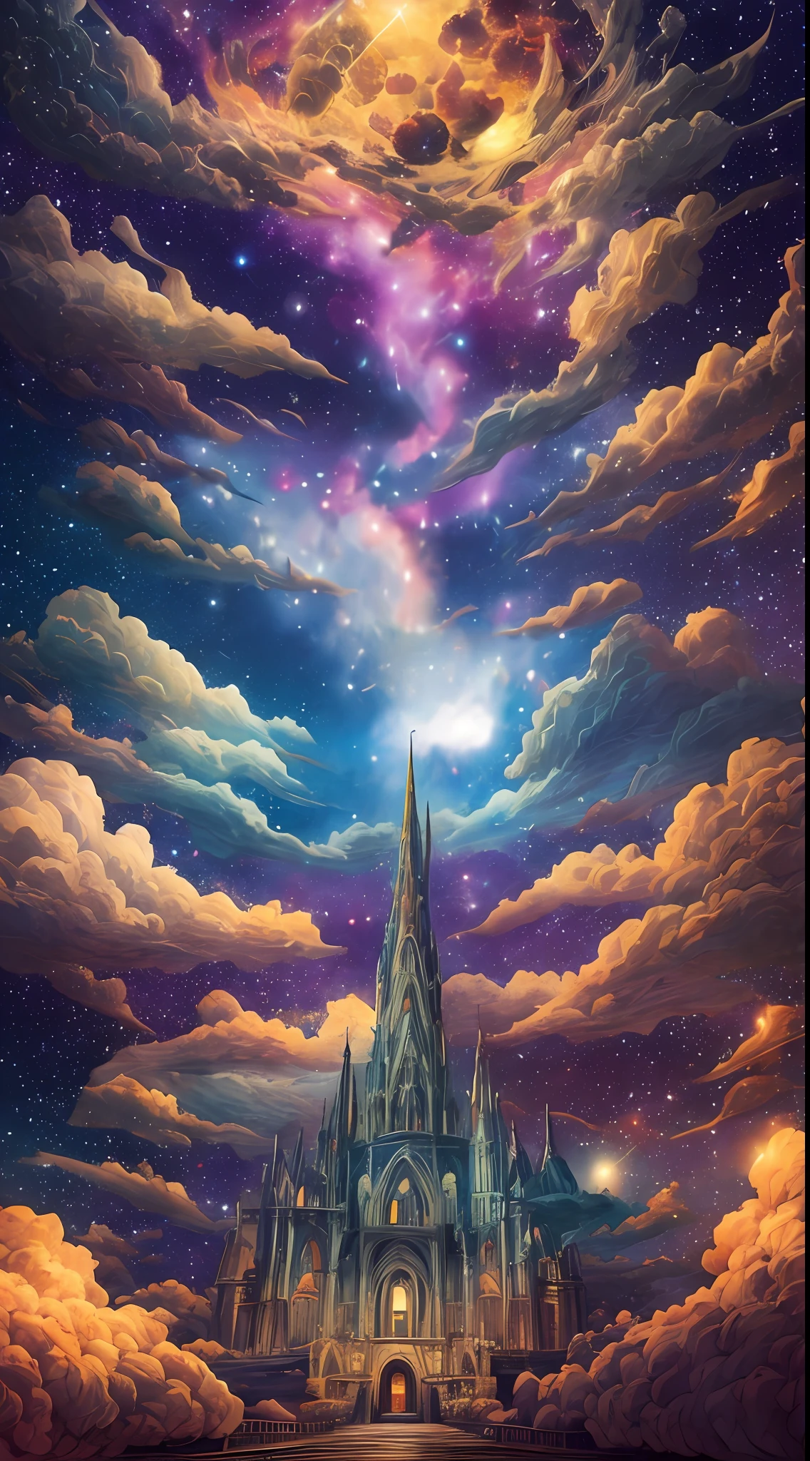 amid ancient skies, a celestial palace looms, a vision grandeur, floating, ethereal, vast, lingering heavens, suspended clouds, a mythical realm serenity, world past, ethereal mists envelop wondrous abode, guarded by spirits, wisps celestial haze, in realm dreams, where myths legends strode, lost in time, timeless otherworldly ways, carved from stardust, stands aloft, harmony heavens, cosmic ballet, spires reach to touch stars, soft, symphony constellations, luminous display, above world, yet rooted lore, weaves tales past, whispers forgotten wisdom, echoes, ephemeral beauty, dream forever last.