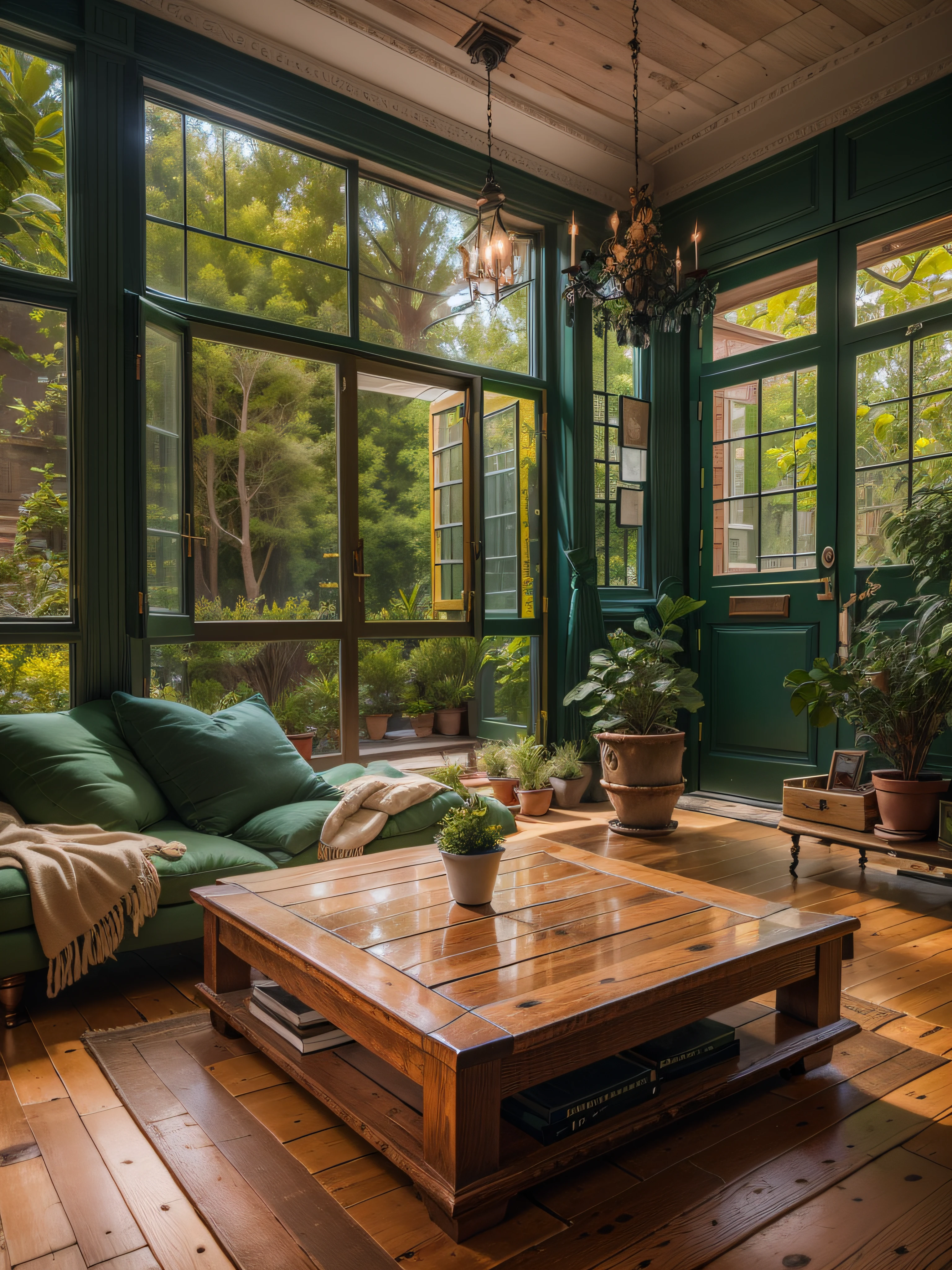 high resolution photography interior design, wooden floor, small windows opening onto the garden, low ceilings, dark green amber palette, interior design magazine, cozy atmosphere